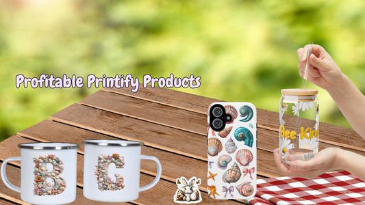 Profitable Printify products for Etsy sellers: custom mugs, seashell phone case, and glass tumbler mockup on a wooden table with a green outdoor background.