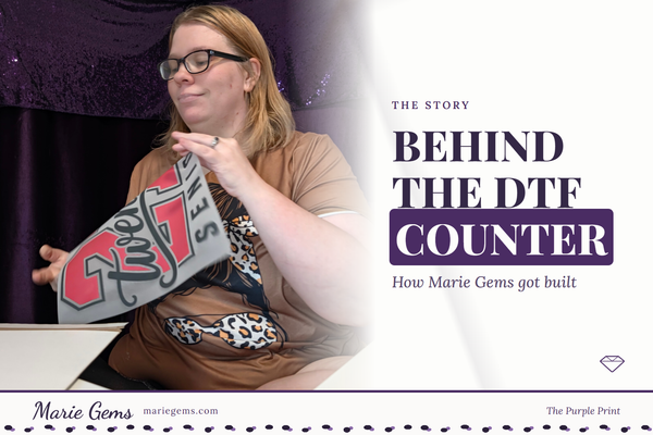 Juanita, owner of Marie Gems, holding a ready-to-press DTF transfer in her Wichita, Kansas shop, featured image for Behind the DTF Counter