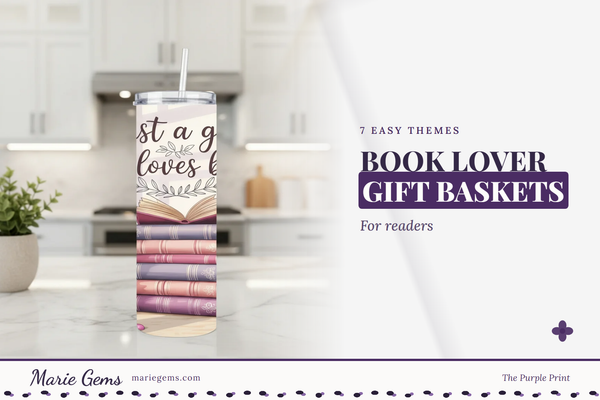 Just a Girl Who Loves Books 20 oz Stainless Steel Tumbler from Marie Gems, featured image for Book Lover Gift Baskets