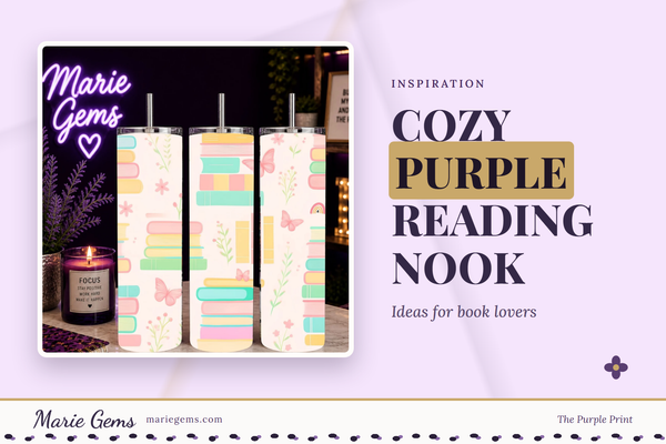 Pastel Bookworm 20 oz Stainless Steel Tumbler from Marie Gems, featured image for Cozy Purple Reading Nook