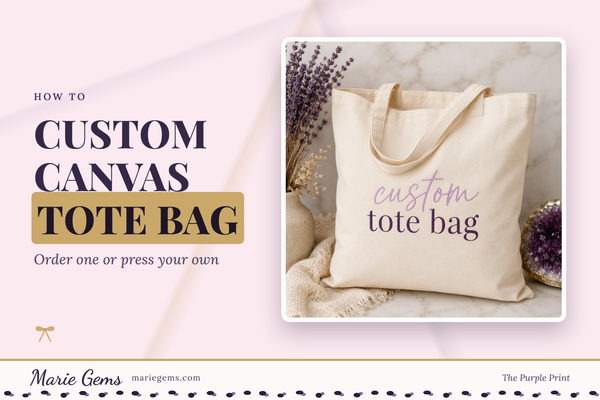 Natural canvas custom tote bag from Marie Gems, a custom canvas tote bag you can order made to order or press yourself