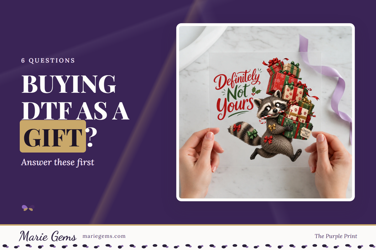 Definitely Not Yours Christmas Raccoon Ready-to-Press DTF Transfer from Marie Gems, featured image for Buying DTF as a Gift?