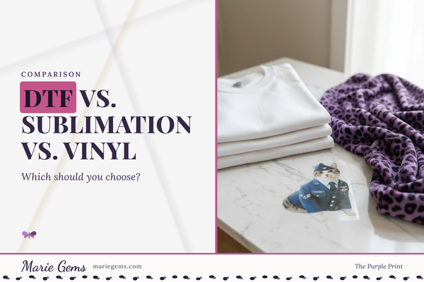 Custom 12x12 Ready-to-Press DTF Transfer from Marie Gems, featured image for DTF vs. Sublimation vs. Vinyl