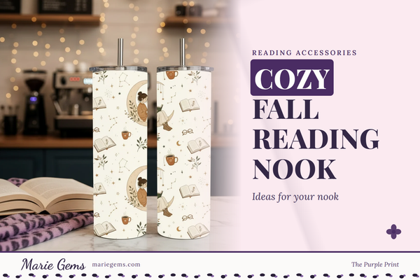 Cozy Bookworm 20 oz Stainless Steel Tumbler from Marie Gems, featured image for Cozy Fall Reading Nook