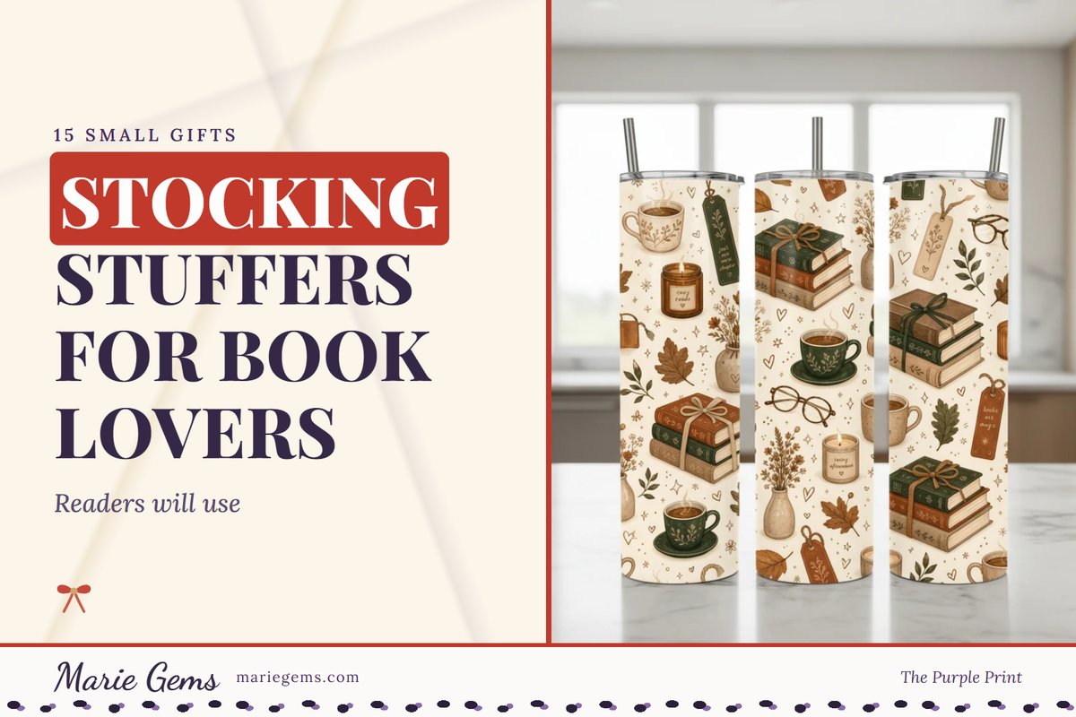 Bookish 20 oz Stainless Steel Tumbler from Marie Gems, featured image for Stocking Stuffers for Book Lovers