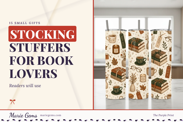 Bookish 20 oz Stainless Steel Tumbler from Marie Gems, featured image for Stocking Stuffers for Book Lovers