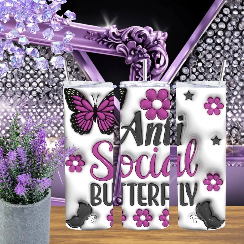 Anti Social Butterfly 20oz Tumbler Handmade 3D Puffy Pink Stainless Steel Cup Funny Introvert Gift For Her by Marie Gems