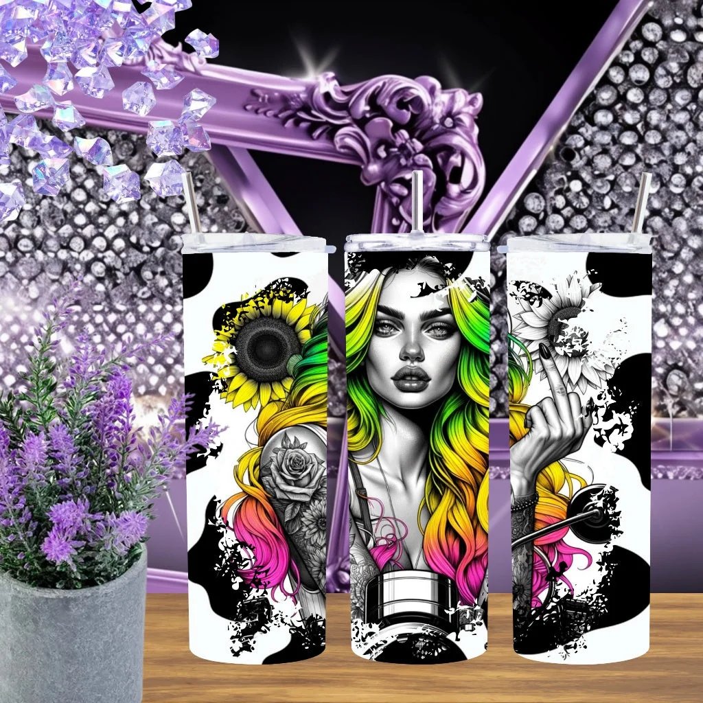 Admit It Biker Girl Tumbler 20oz 30oz Handmade Stainless Steel Cup Floral Tattoo Cow Print Purple Teal Aesthetic Sassy by Marie Gems