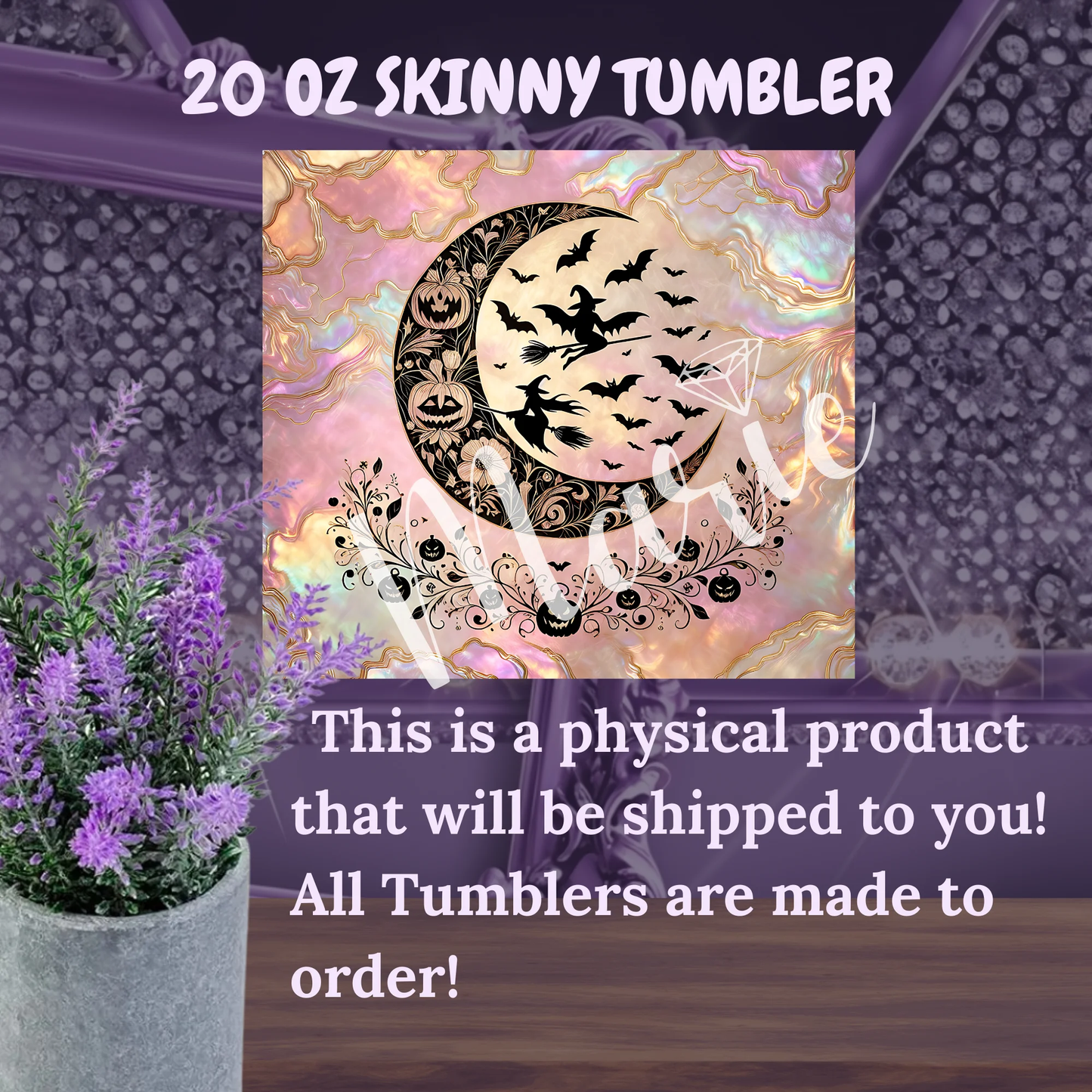 Moonlit Witch Halloween Tumbler Custom Spooky Drinkware Gift With Pastel Opalescent Sky And Glowing Crescent Moon by Marie Gems