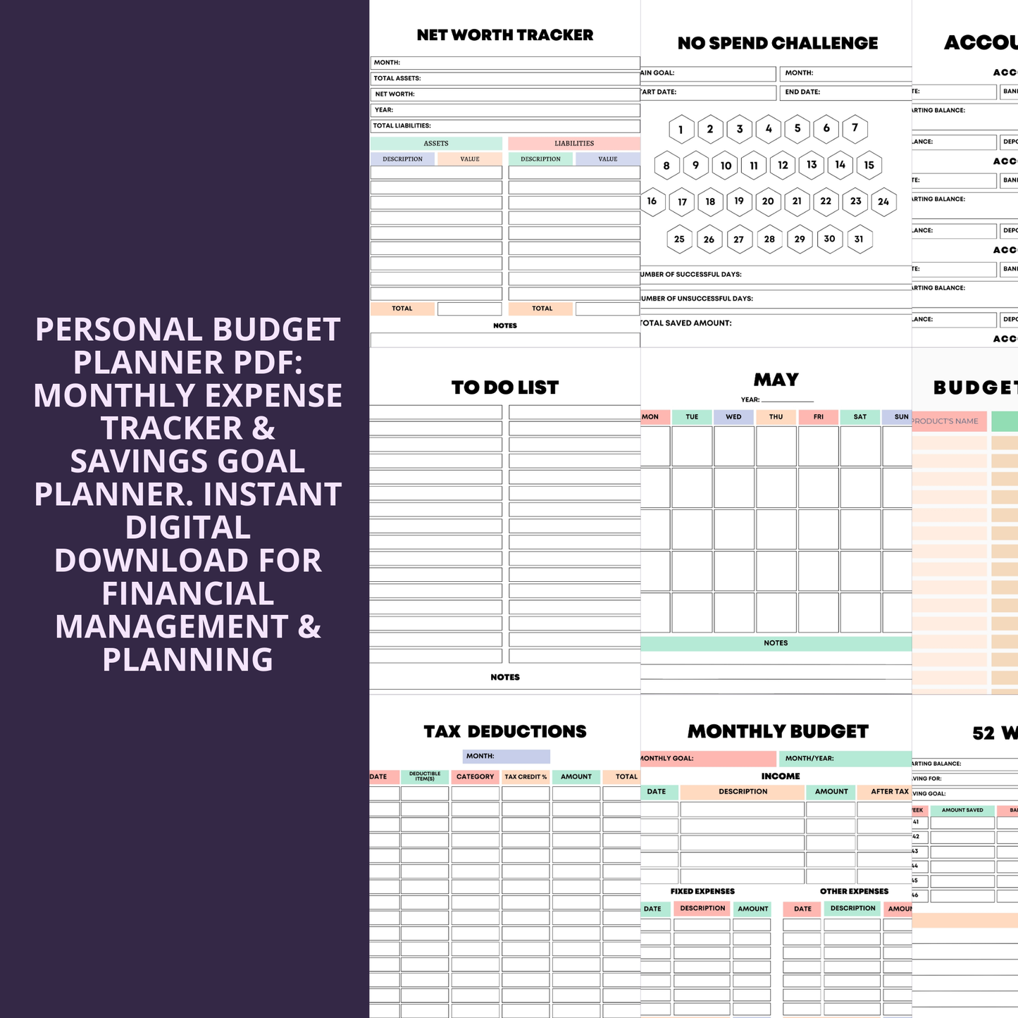 Personal Budget Planner PDF: Monthly Expense Tracker & Savings Goal Planner. Instant Digital Download for Financial Management & Planning