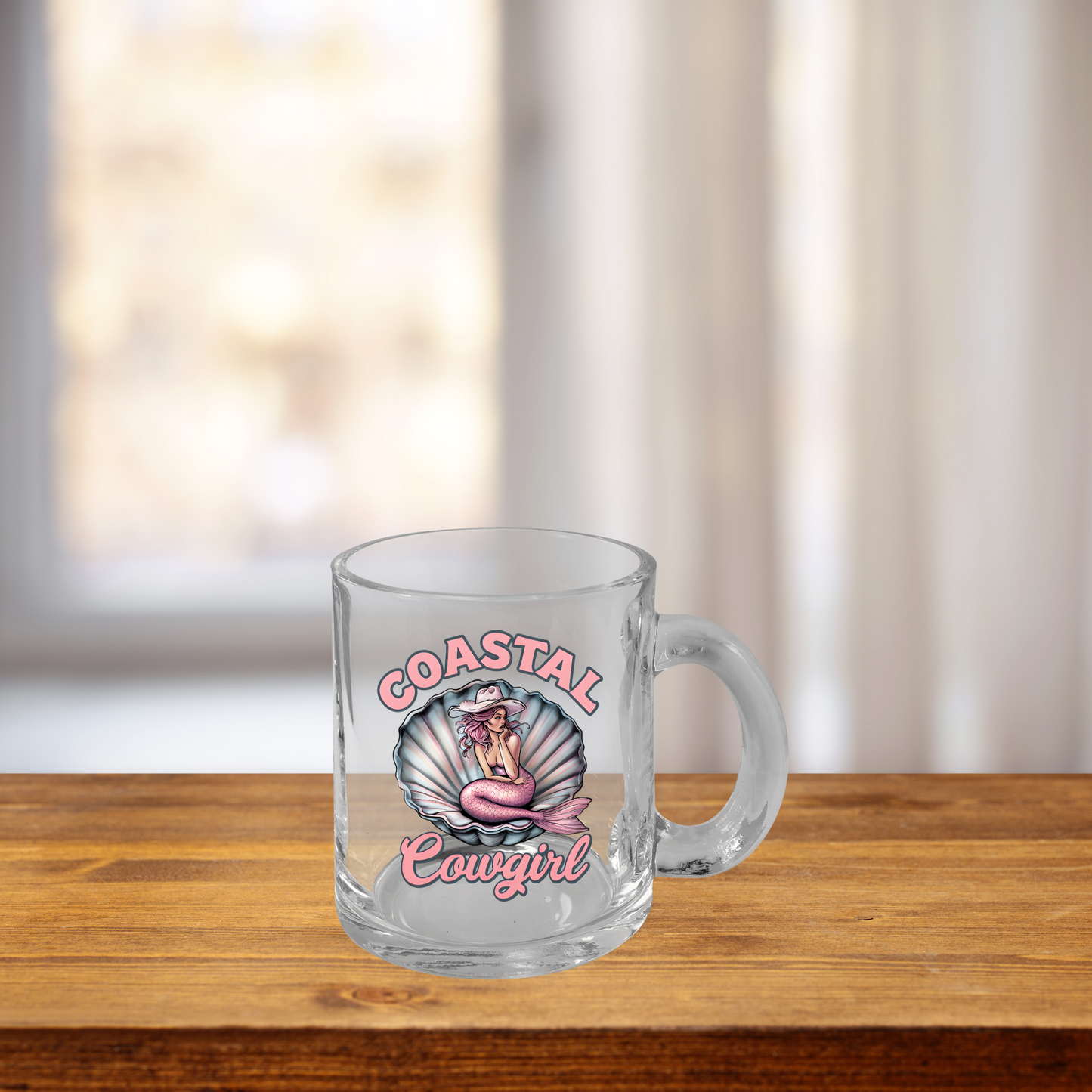 Coastal Cowgirl Glass Cup, Mermaid Mug, Western Beach Decor, 10oz Clear Mug, Gift for Cowgirl, Unique Drinkware, Beachy Western Style
