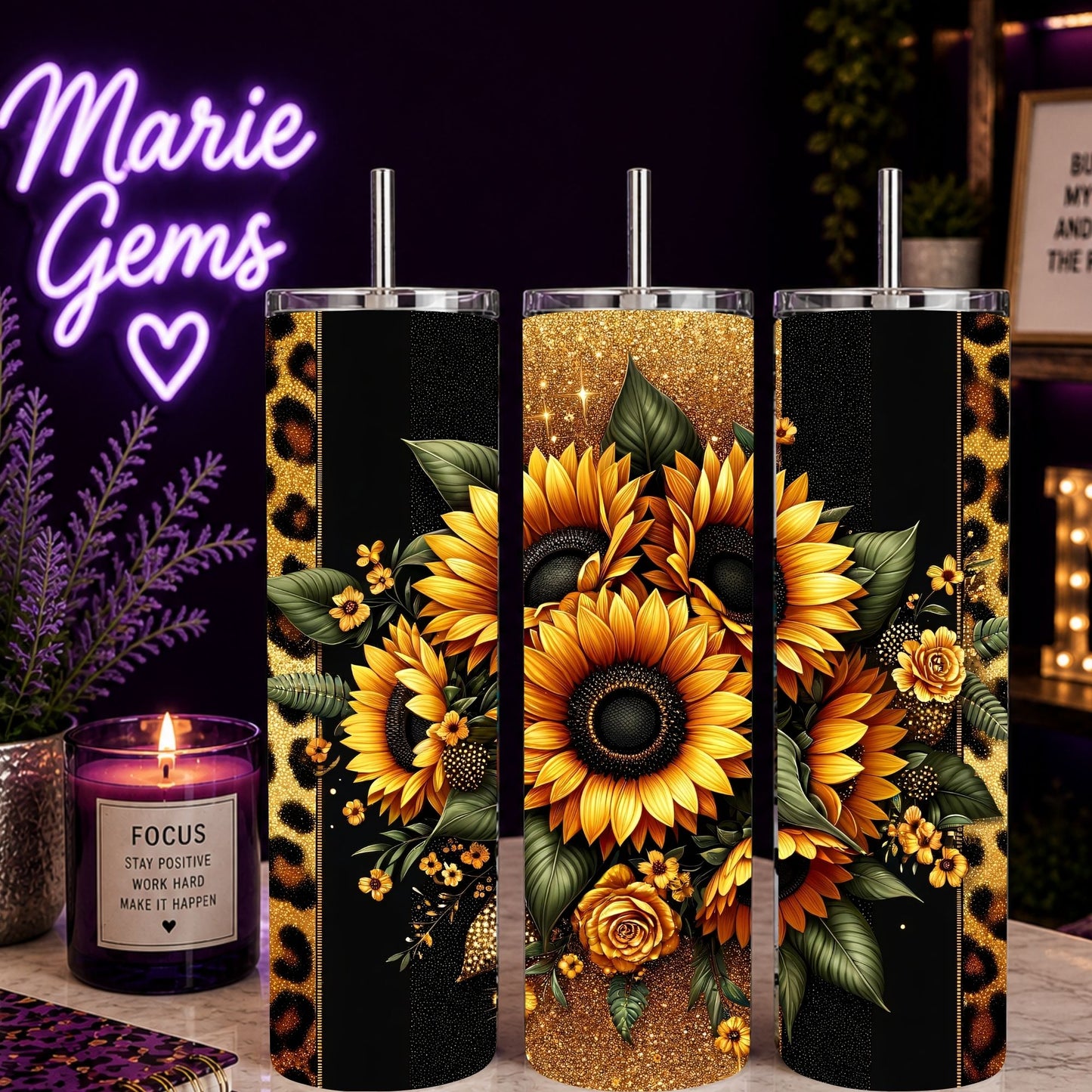 Western Leopard 20Oz Tumbler And Gold Glitter Sunflower 30Oz Cup Set Animal Print Drinkware Luxe Cowgirl Gift For Her with sunflower design