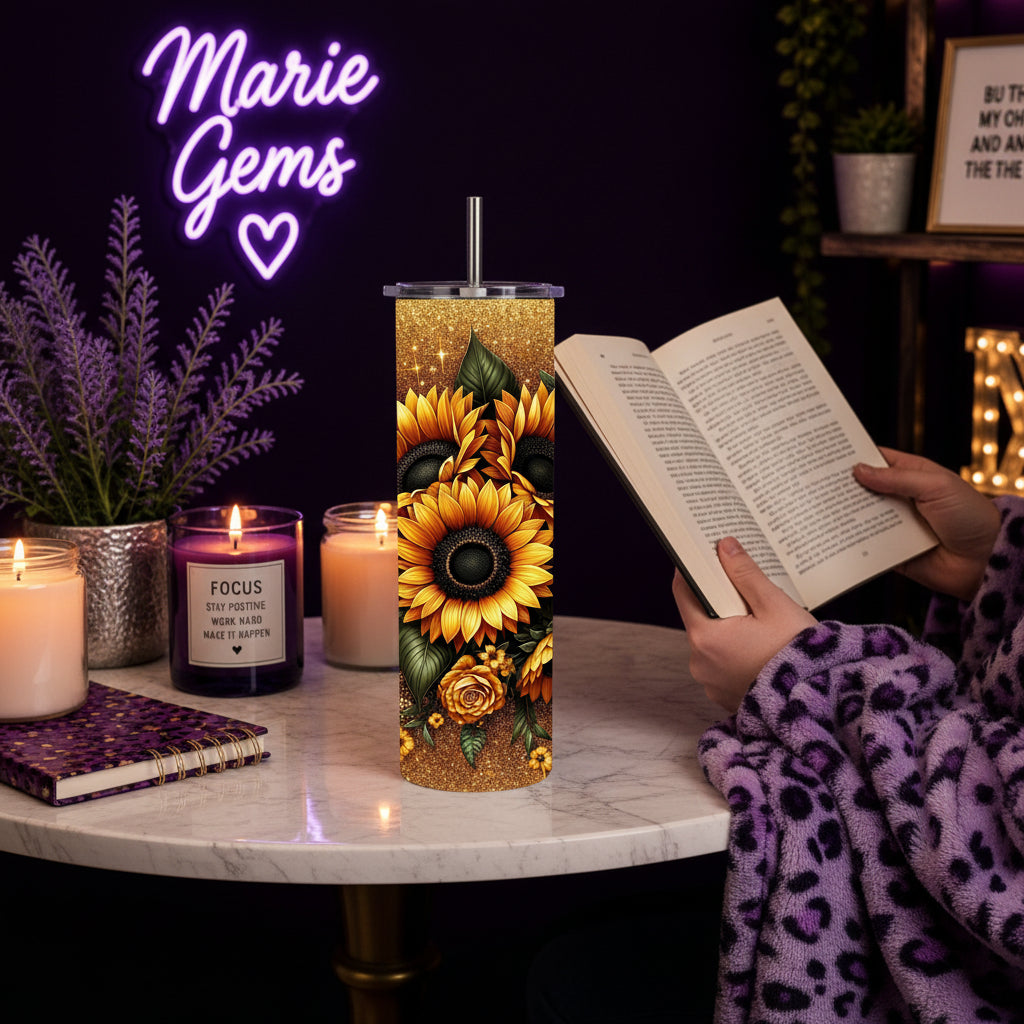 Western Leopard Handmade 20 oz Stainless Steel Tumbler showing western leopard 20oz gold tumbler & sunflower cup set artwork with insulated stainless steel tumbler, reusable travel