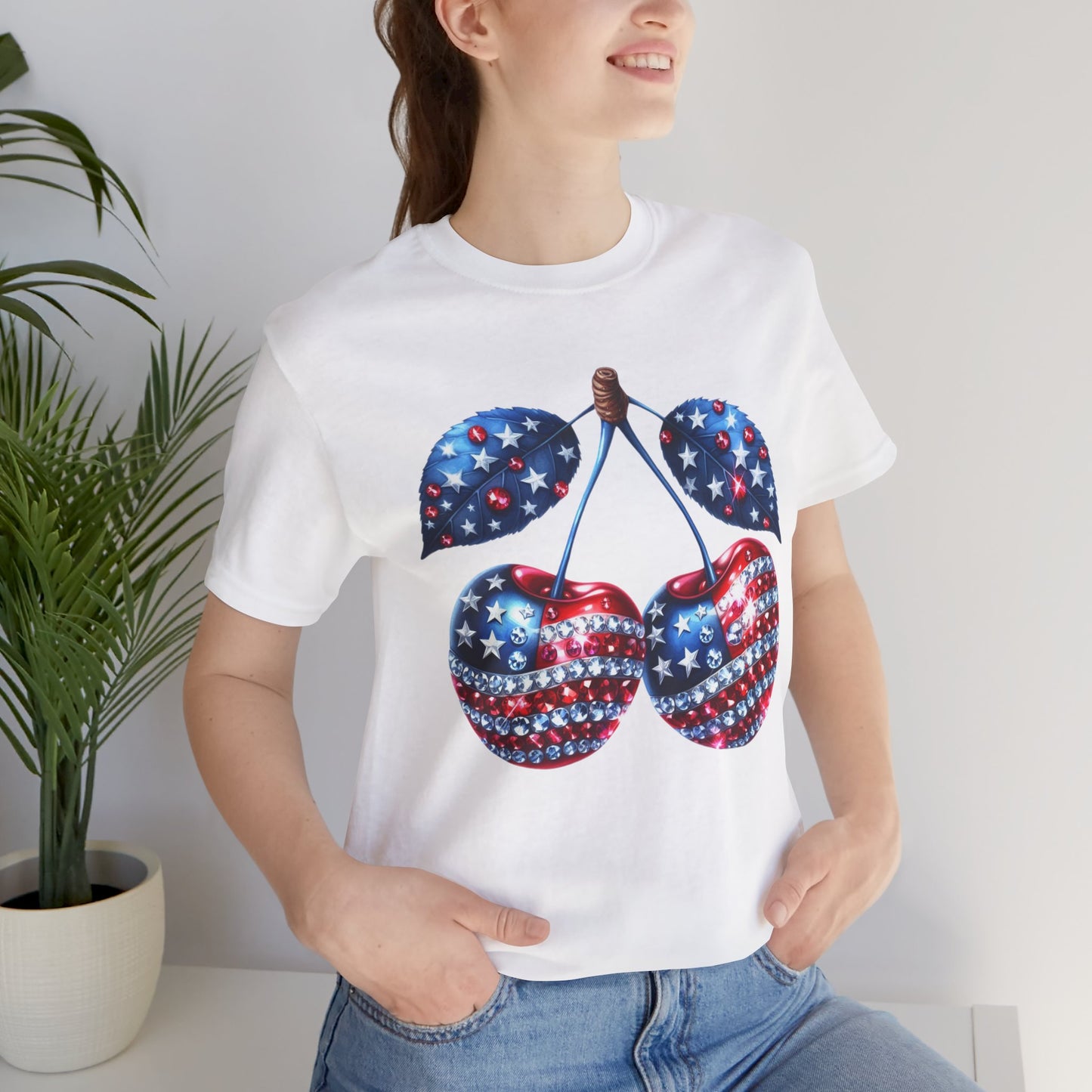 Sparkling Patriotic Cherry T-Shirt: Red, White & Blue American Pride Tee