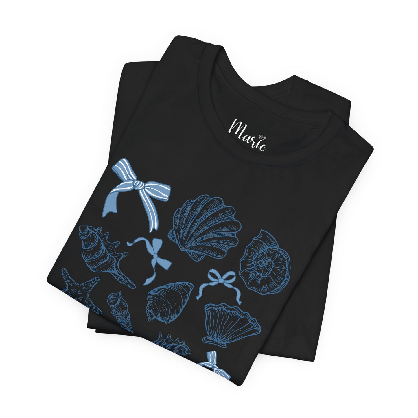Elegant Seashells with Blue Bows T-Shirt - Coastal Style Graphic Tee for Women - Unique Nautical Fashion