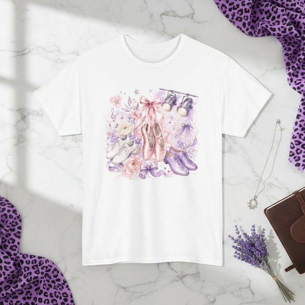 Ballet and Tap Dance Shoes Handmade Unisex Graphic T-Shirt showing ballet and tap dance shoes shirt artwork with made to order, gift for her, graphic shirt