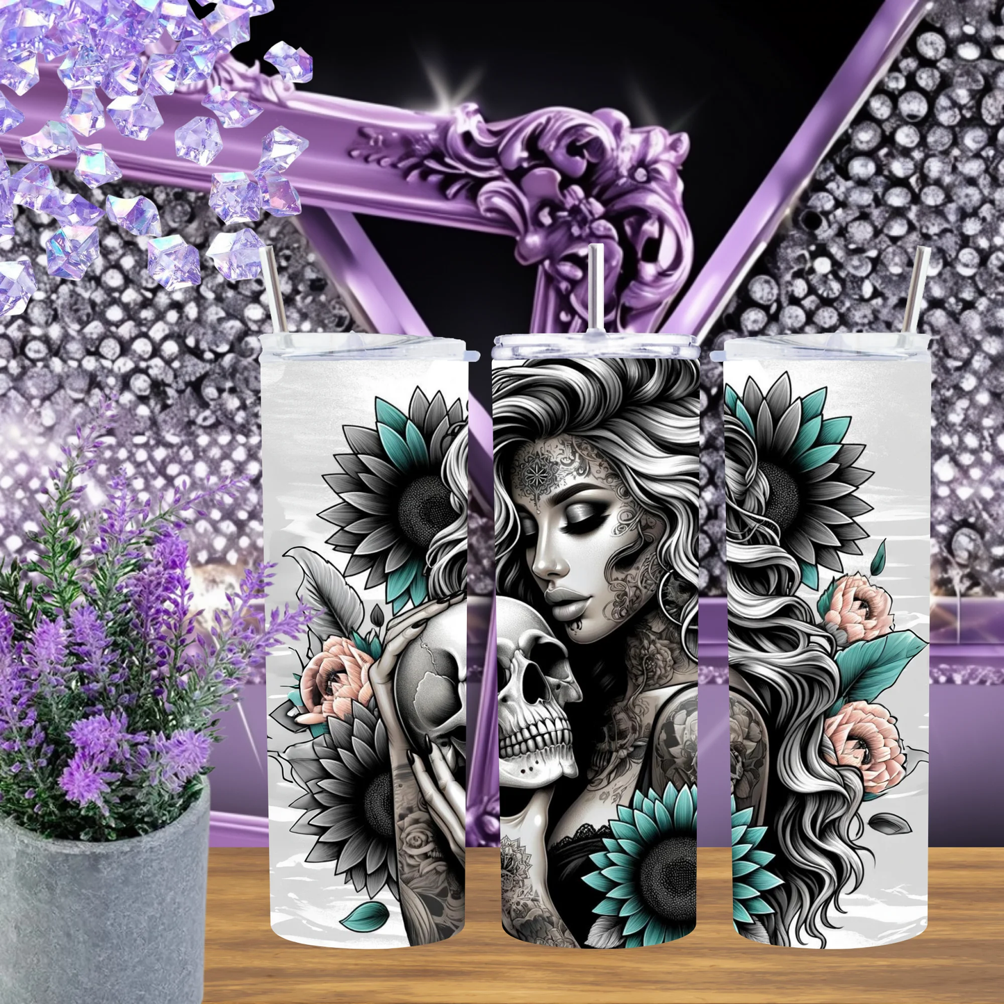 Teal Sunflower Skull 20oz Tumbler Tattooed Woman Design Black And White Skulls Drinkware Gothic Gift For Her by Marie Gems