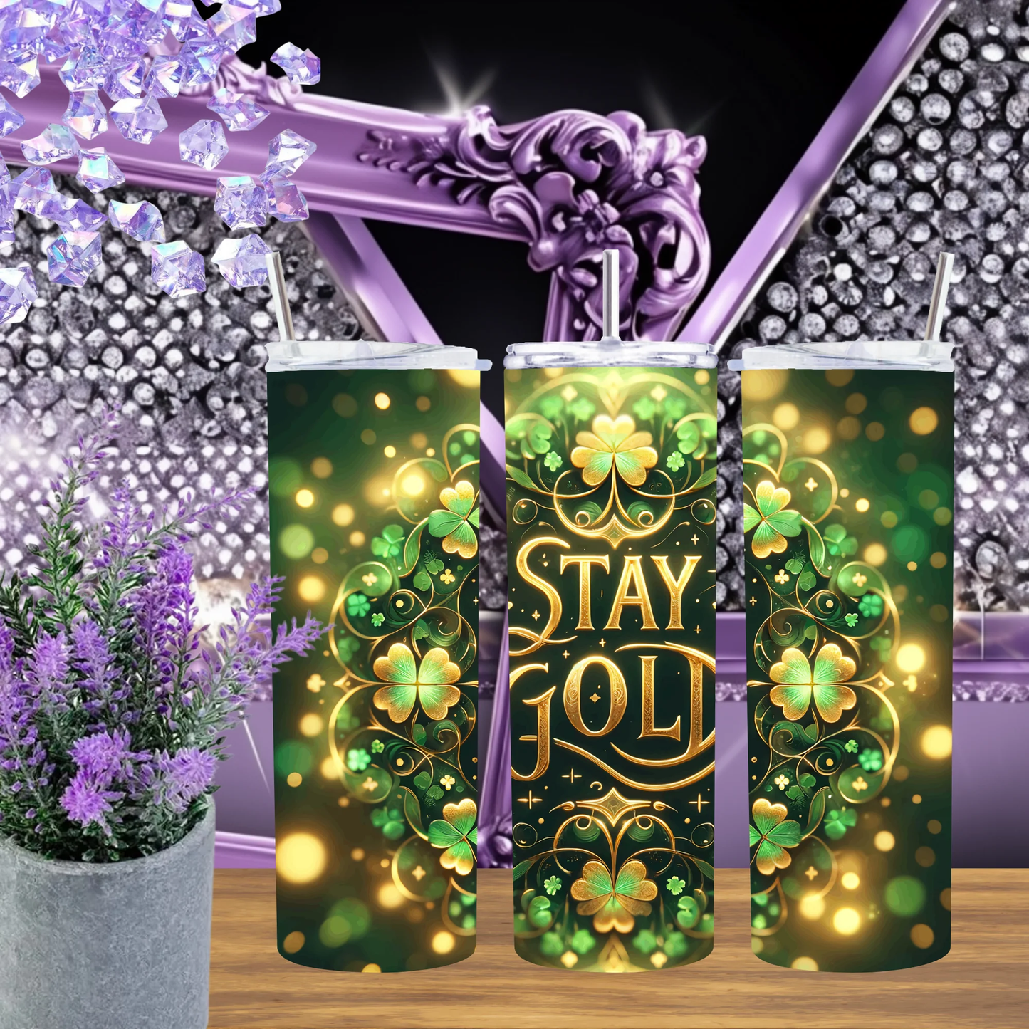 Stay Gold St Patricks Day 20oz Tumbler, Elegant Golden Clover 30oz Cup, Lucky Shamrock Drinkware, Luxury Green Holiday Gift, Irish Pride Mug by Marie Gems
