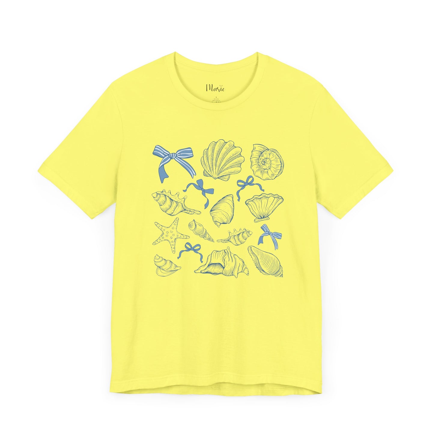 Elegant Seashells with Blue Bows T-Shirt - Coastal Style Graphic Tee for Women - Unique Nautical Fashion