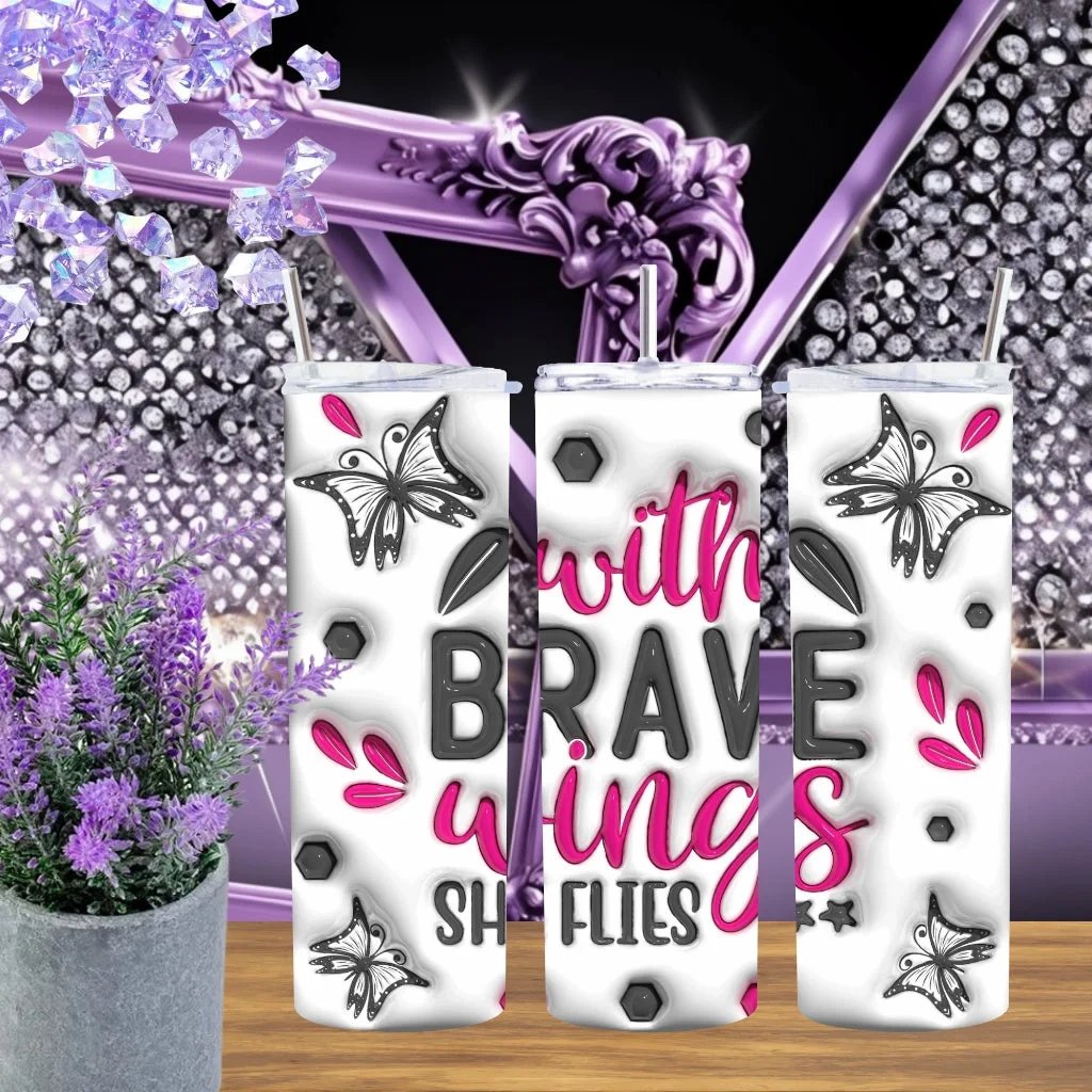 With Brave Wings She Flies 20oz Tumbler 3D Puffy Butterfly Stainless Steel Cup Inspirational Quote Gift for Her Pink by Marie Gems