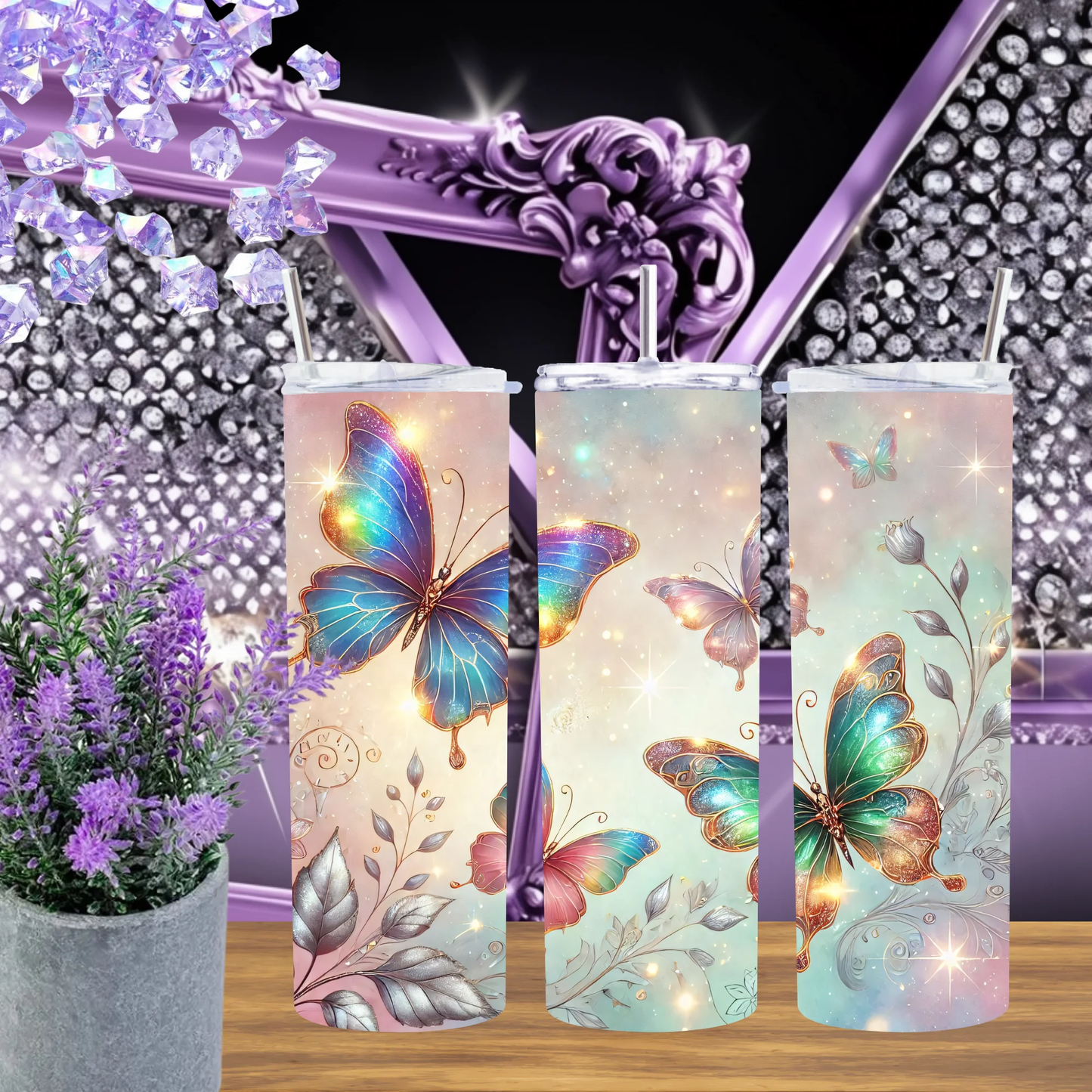 Cosmic Butterfly 20oz Tumbler And Ethereal Galaxy 30oz Cup Glowing Watercolor Drinkware Gift For Her by Marie Gems