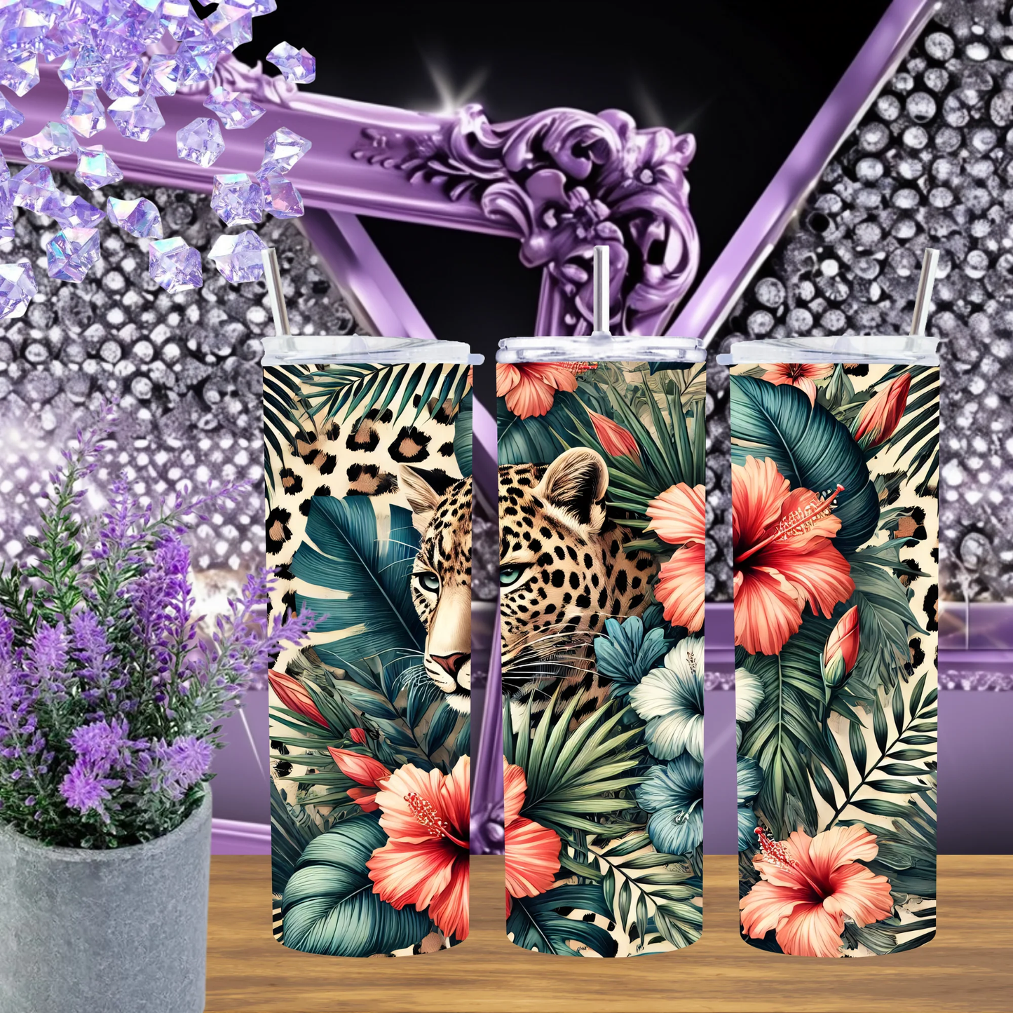 Tropical Jungle Leopard 20oz Tumbler Hibiscus Floral 30oz Cup Exotic Wildlife Drinkware Summer Vacation Gift by Marie Gems