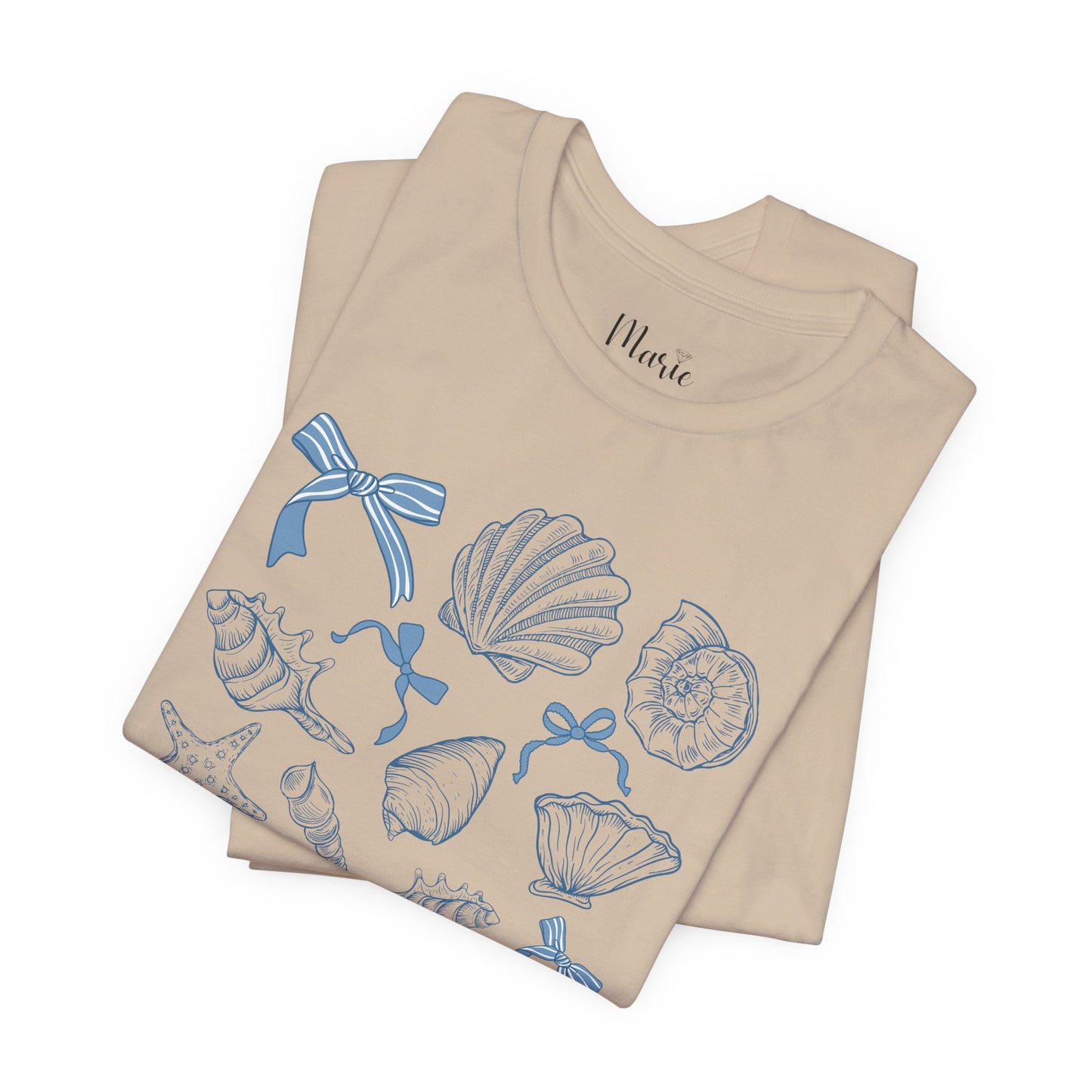 Elegant Seashells with Blue Bows T-Shirt - Coastal Style Graphic Tee for Women - Unique Nautical Fashion
