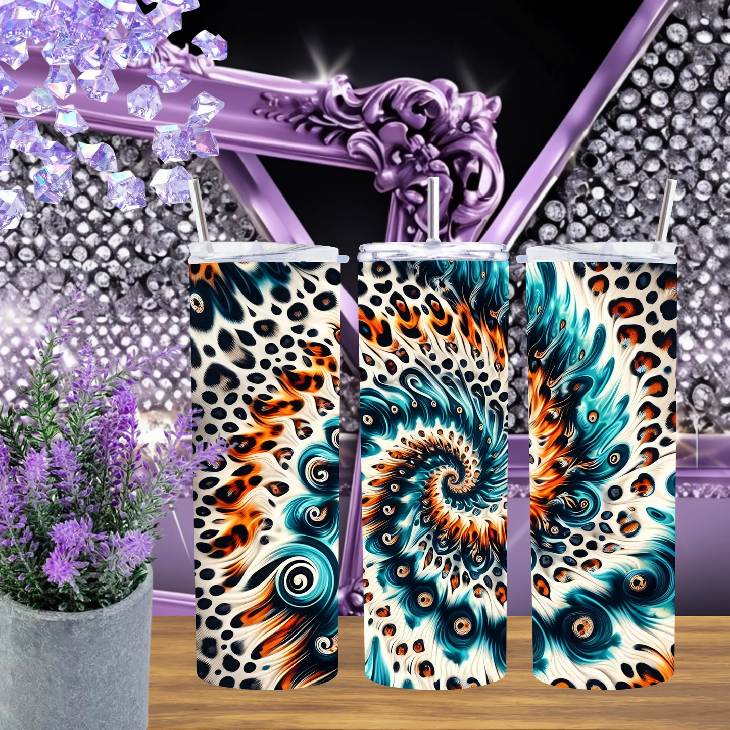 Abstract Leopard Swirl 20oz Tumbler Teal Orange Psychedelic Animal Print Drinkware Trendy Gift Modern Liquid Art Mug by Marie Gems