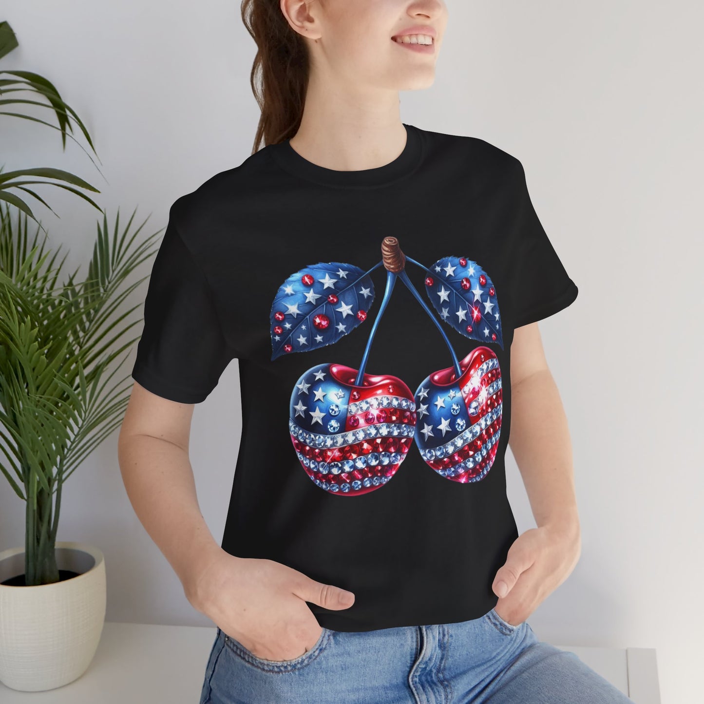 Sparkling Patriotic Cherry T-Shirt: Red, White & Blue American Pride Tee