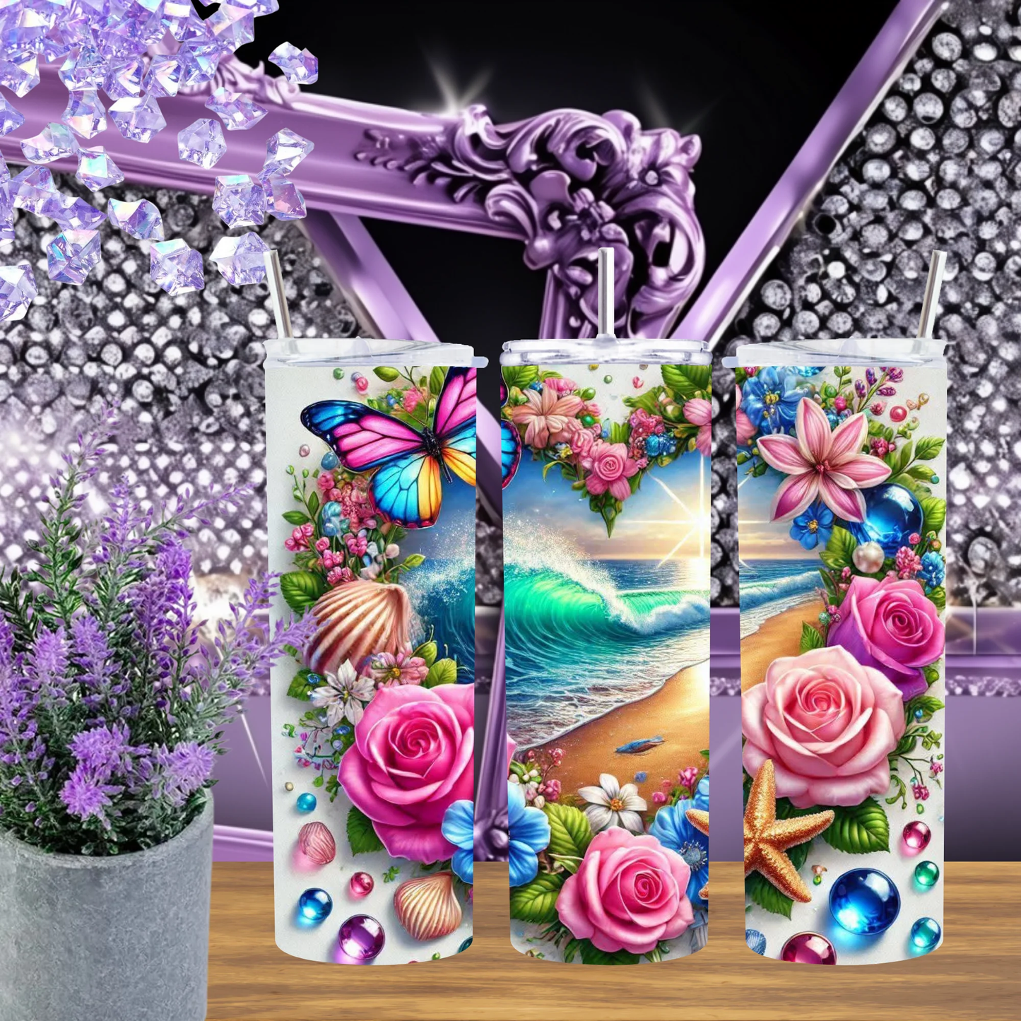 Tropical Beach Heart 20oz Tumbler Ocean Rose 30oz Cup Mermaid Core Seashell Drinkware Coastal Valentine Gift by Marie Gems