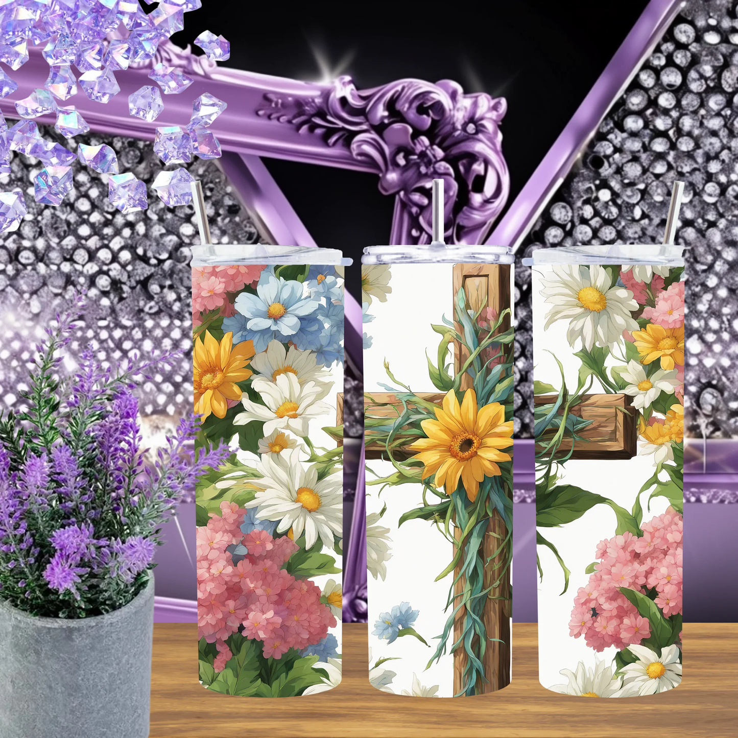 Sunflower Cross 20oz Tumbler • Wooden Faith 30oz Cup • Religious Floral Drinkware • Christian Gift for Her • Inspirational Botanical Mug by Marie Gems