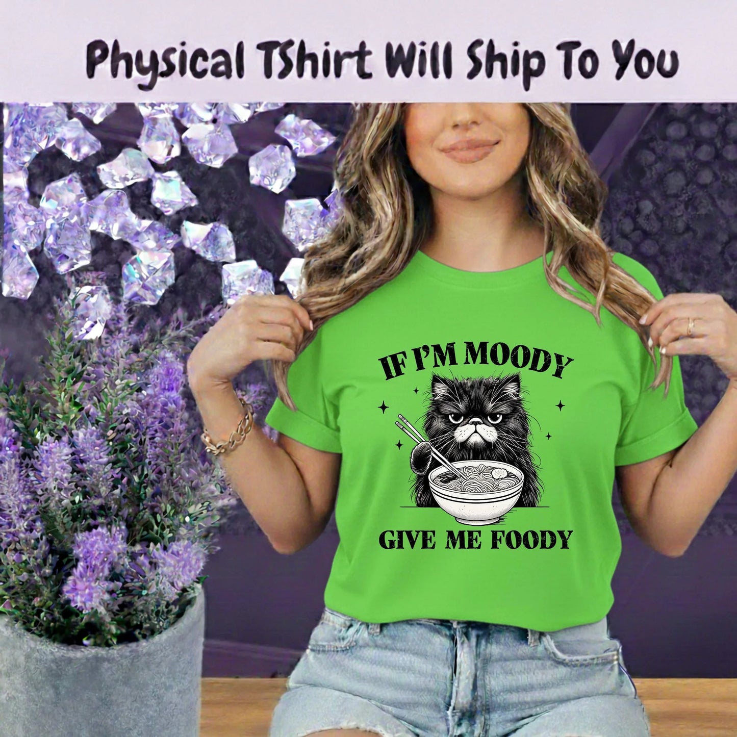 If I'm Moody Give Me Foody T Shirt Funny Cat Graphic Tee Ramen Bowl Grumpy Cat Shirt by Marie Gems