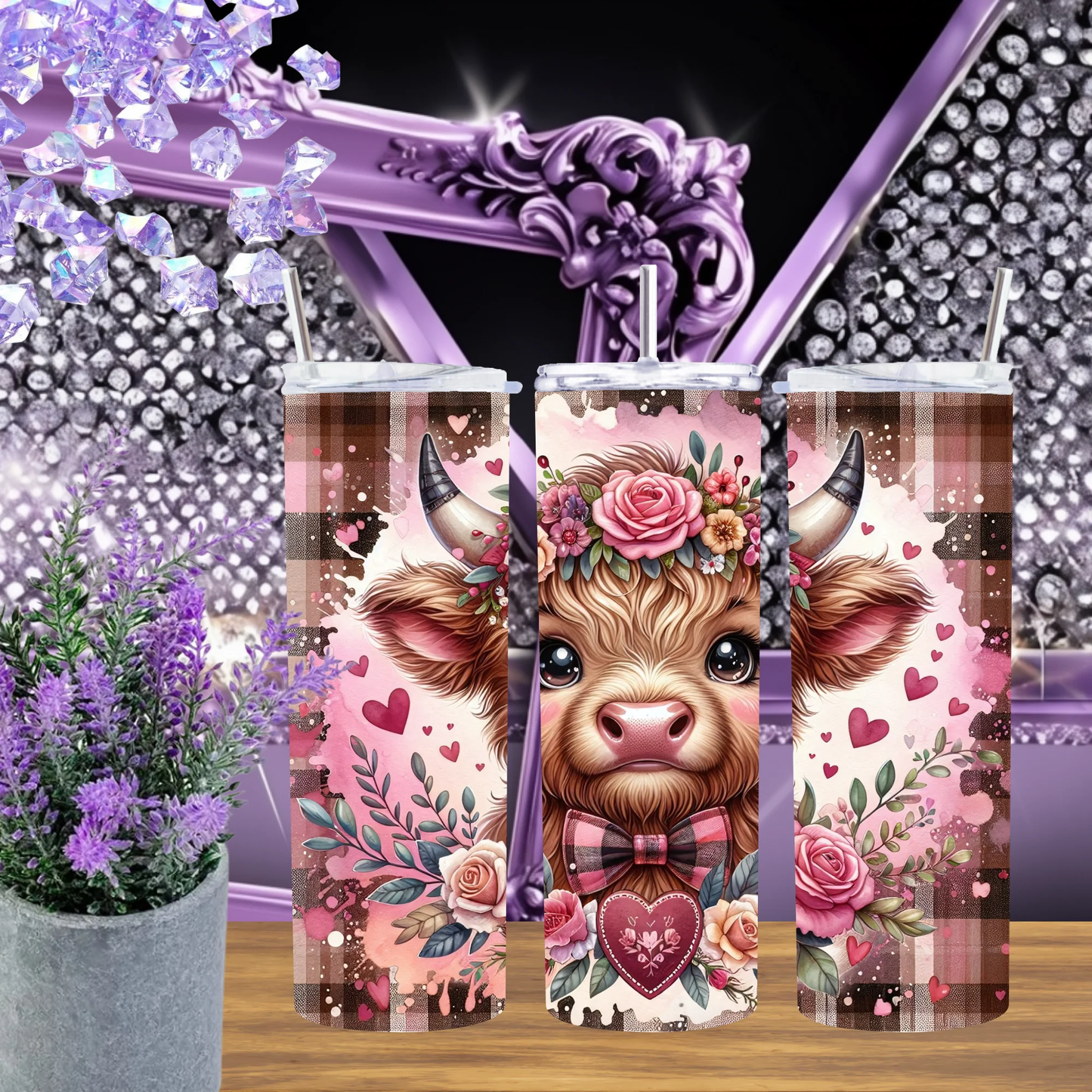 Boho Highland Cow 20oz Tumbler Pink Plaid Farmhouse Floral Drinkware Cute Calf Heart Gift for Her Western Boutique Mug by Marie Gems