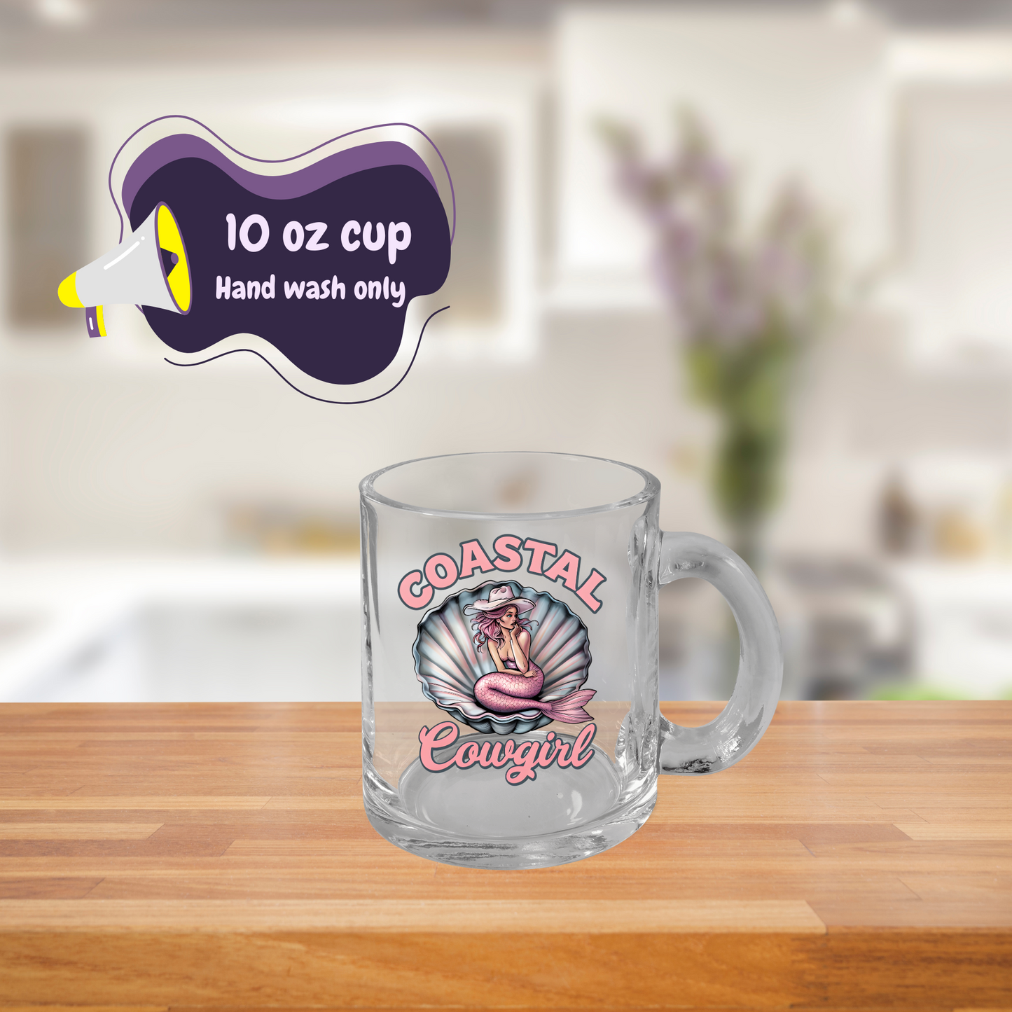 Coastal Cowgirl Glass Cup, Mermaid Mug, Western Beach Decor, 10oz Clear Mug, Gift for Cowgirl, Unique Drinkware, Beachy Western Style