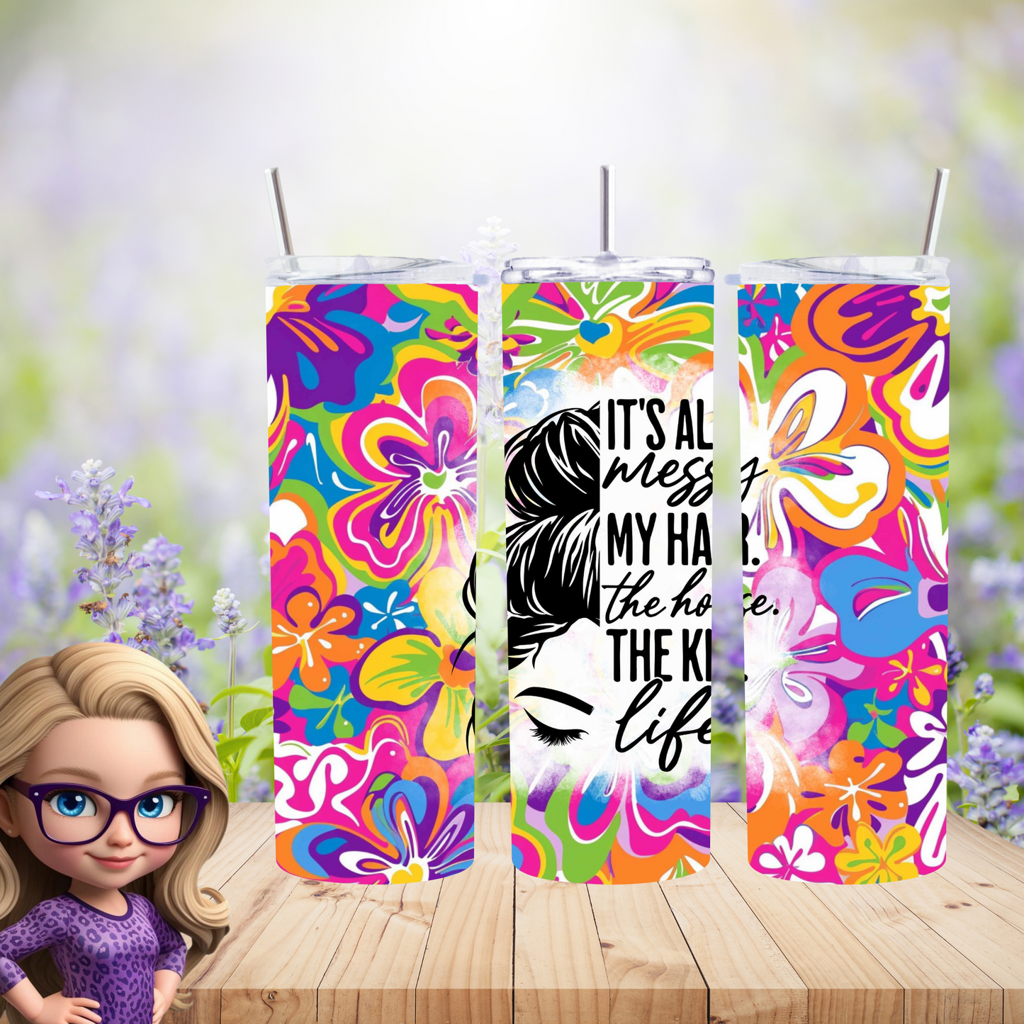 Vibrant Floral Messy Bun Tumbler – Insulated 20oz Skinny Cup for Coffee & Cold Drinks On-The-Go