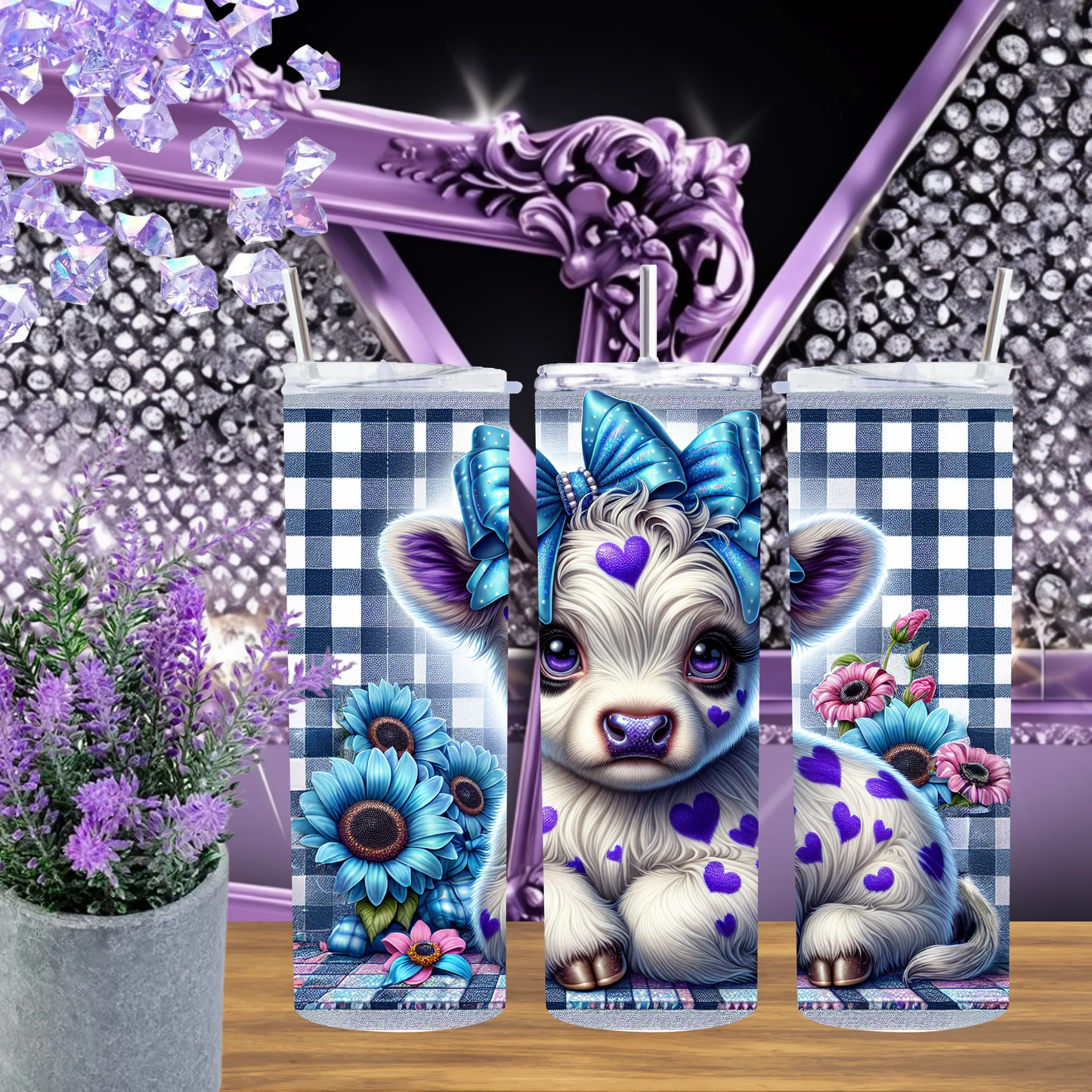 Blue Gingham Cow 20oz Tumbler And Blueberry 30oz Cup Set Cute Calf Heart Drinkware Farmhouse Gift For Her by Marie Gems