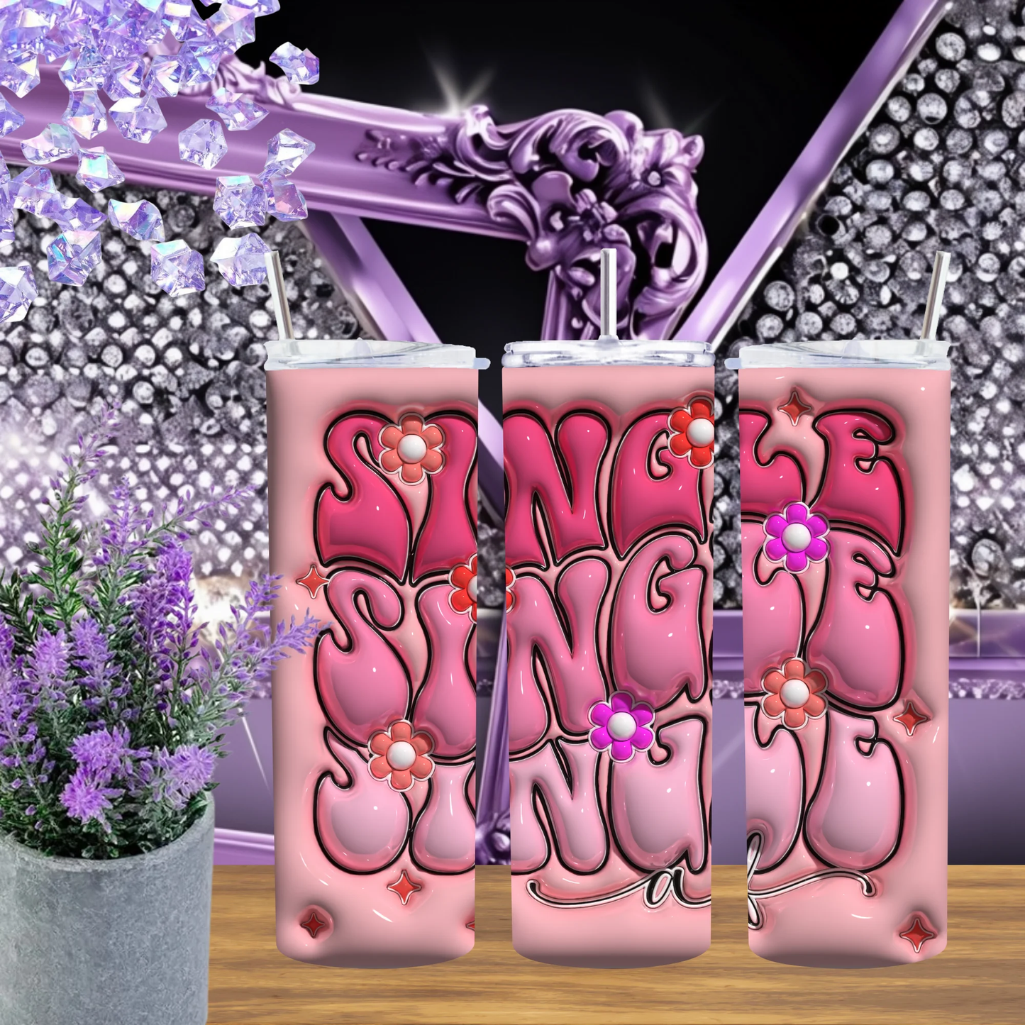 Single AF Pink 20oz Tumbler Retro 70s Style Flower Drinkware Galentine Gift For Her Sarcastic Valentine Mug by Marie Gems