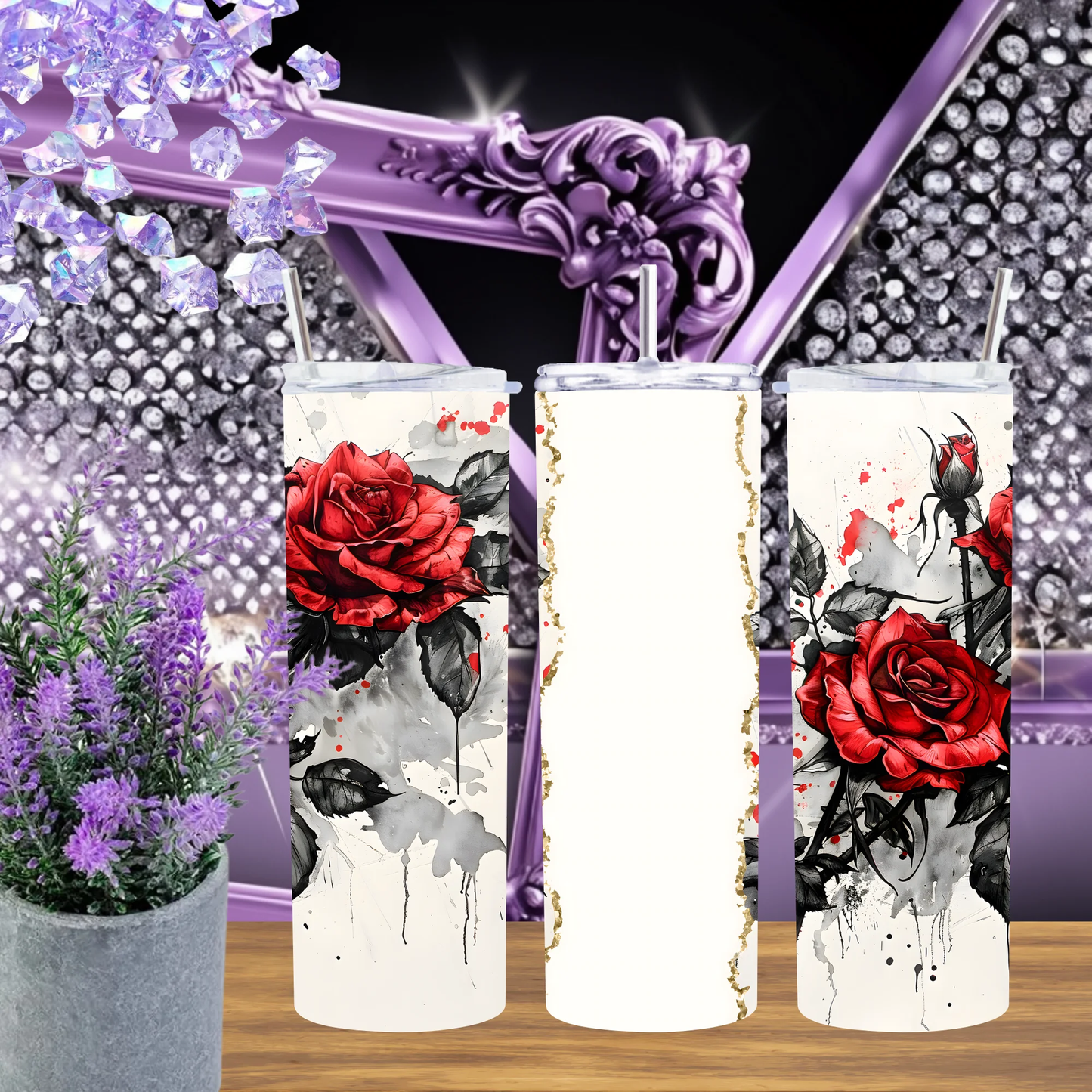 Red Rose Ink 20oz Tumbler Watercolor Floral Drinkware Hand Drawn Botanical Mug Gift for Her by Marie Gems