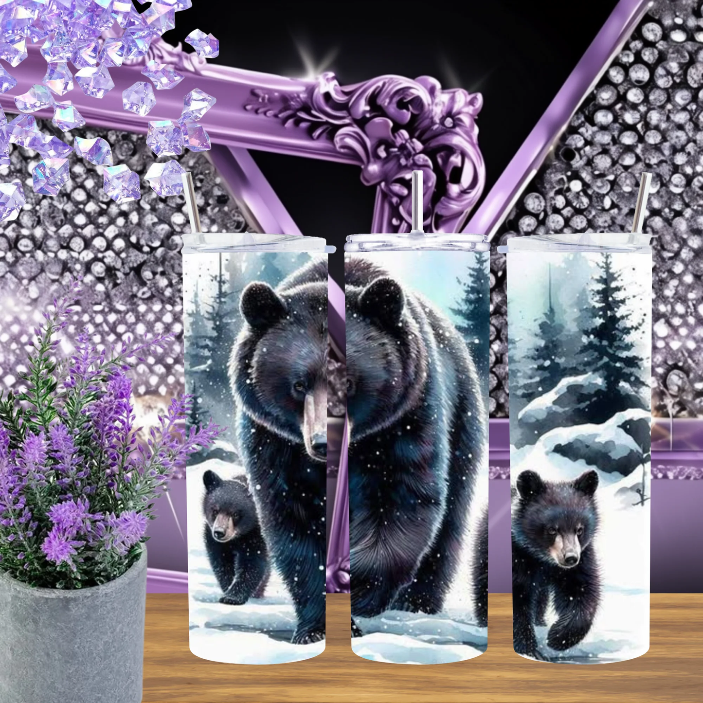 Winter Bear Family 20oz Tumbler And 30oz Cup Snowy Forest Black Bear Wildlife Drinkware Gift For Nature Lovers by Marie Gems