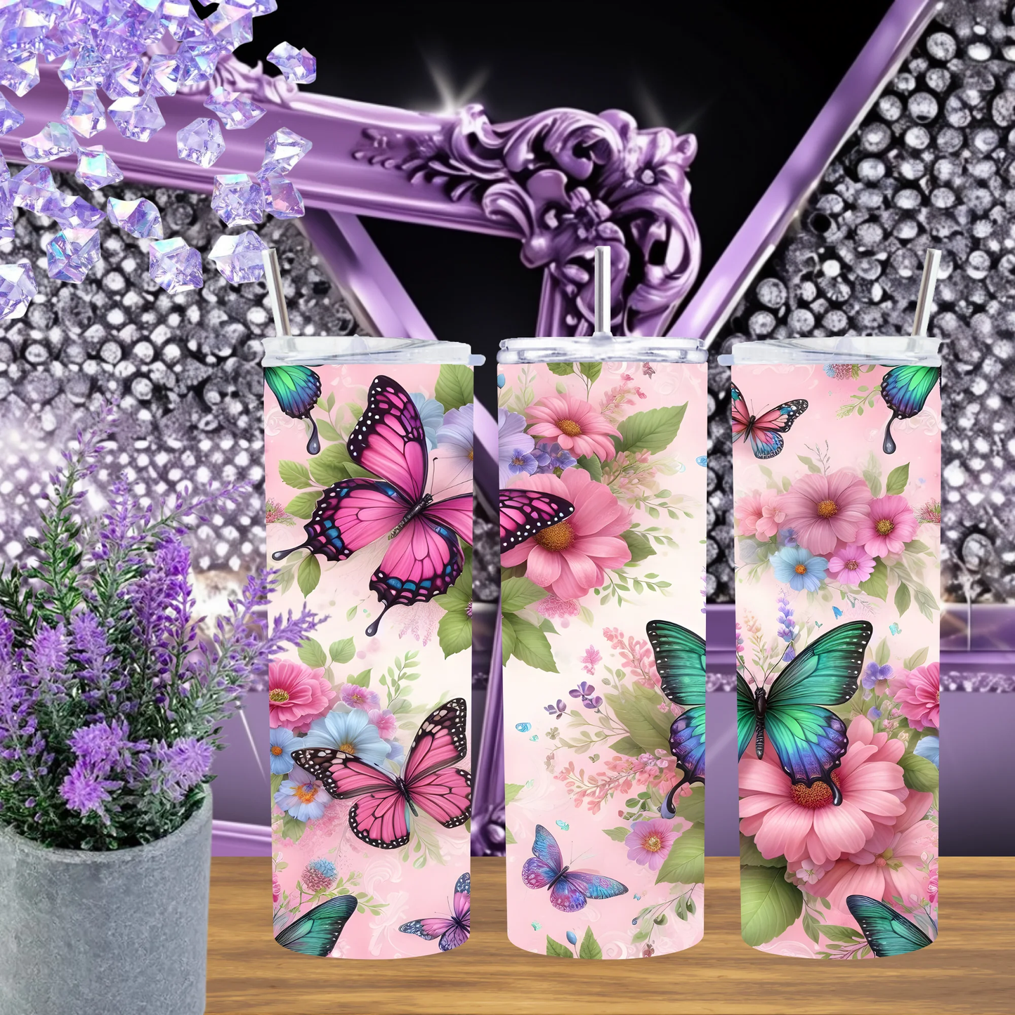 Pastel Butterfly 20oz Tumbler And 30oz Pink Floral Cup Monarch Garden Watercolor Drinkware Gift For Her by Marie Gems