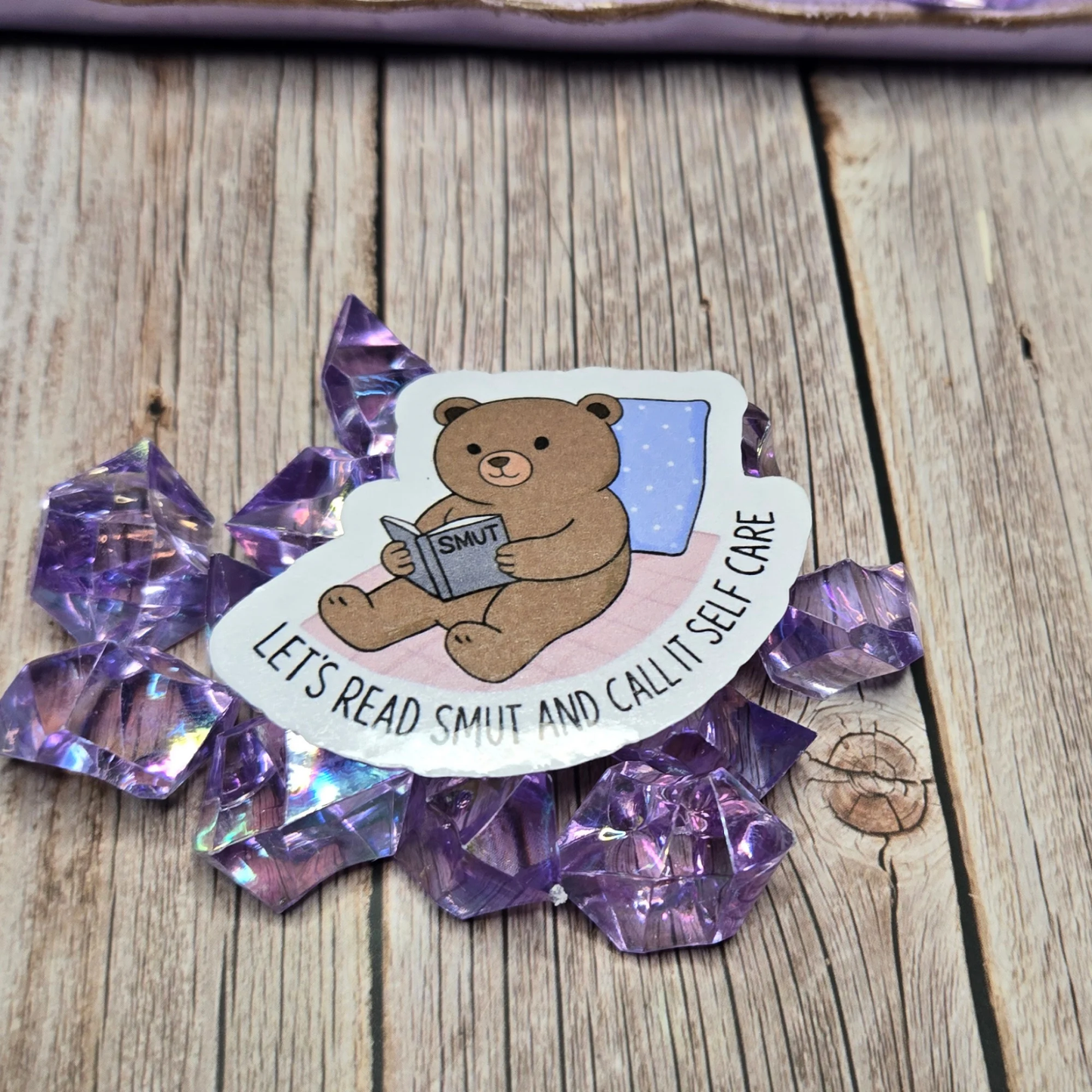 Cozy Reading Bear Sticker - "Let's Read Smut and Call It Self Care" - Humorous Book Lover Decal by Marie Gems