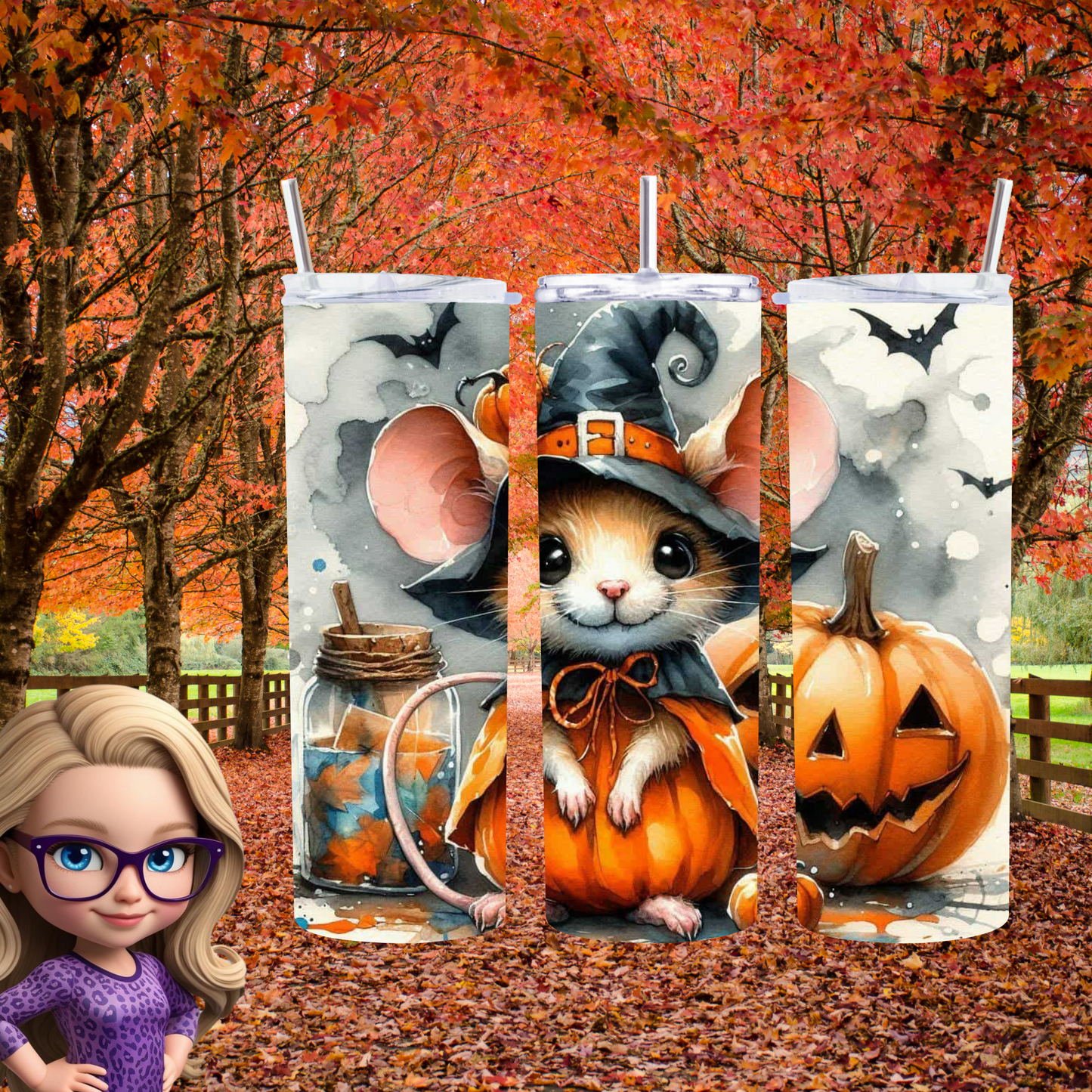 Adorable Halloween Mouse Tumbler – Insulated 20oz Skinny Cup with Pumpkin & Bat Motifs
