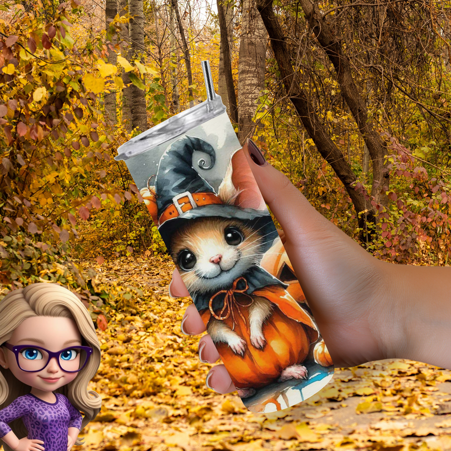 Adorable Halloween Mouse Tumbler – Insulated 20oz Skinny Cup with Pumpkin & Bat Motifs