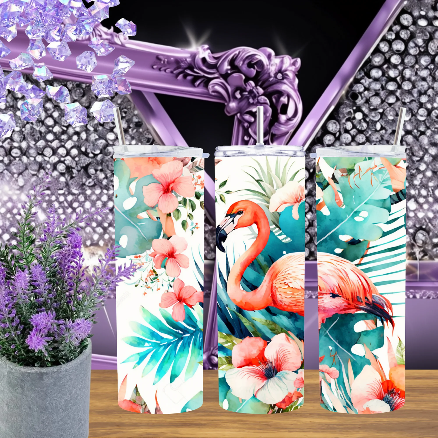 Flamingo Paradise 20Oz Tumbler Tropical Hibiscus Exotic Bird Drinkware Palm Leaf Aesthetic Summer Vacation Gift by Marie Gems