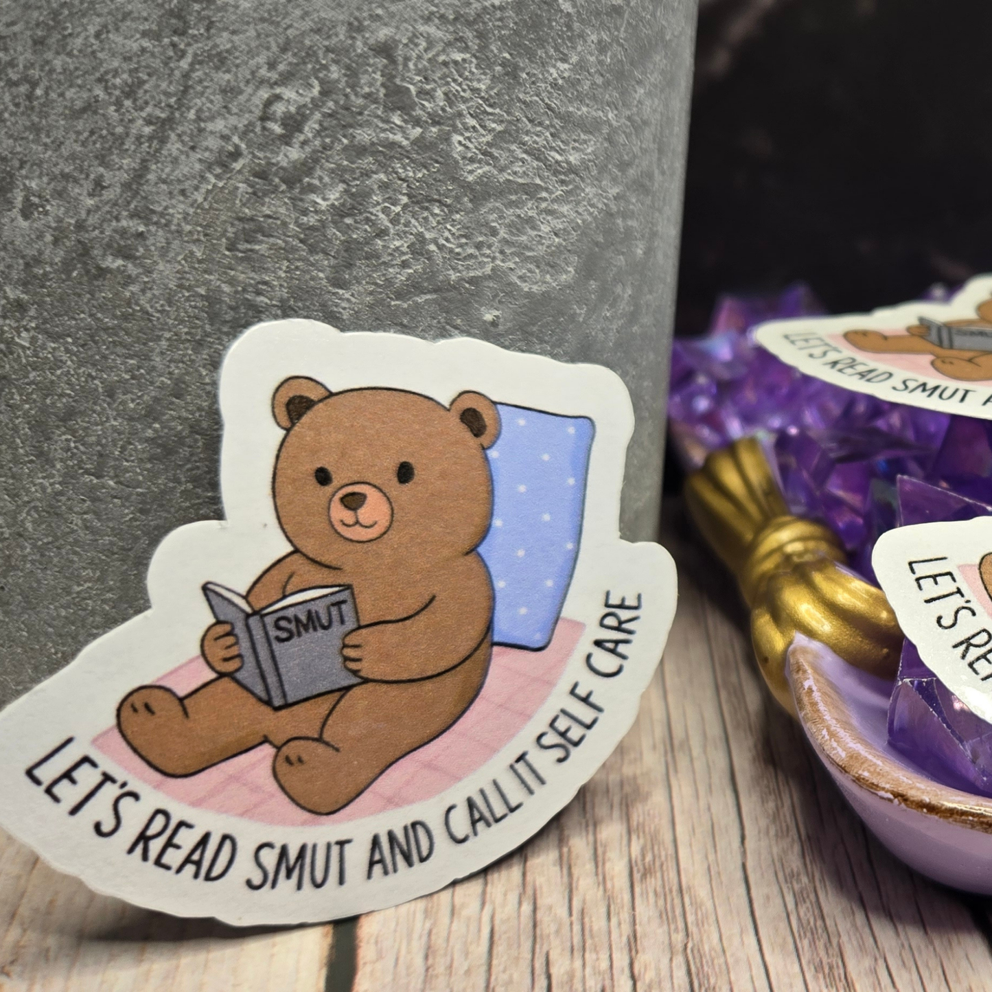 Cozy Reading Bear Sticker - "Let's Read Smut and Call It Self Care" - Humorous Book Lover Decal