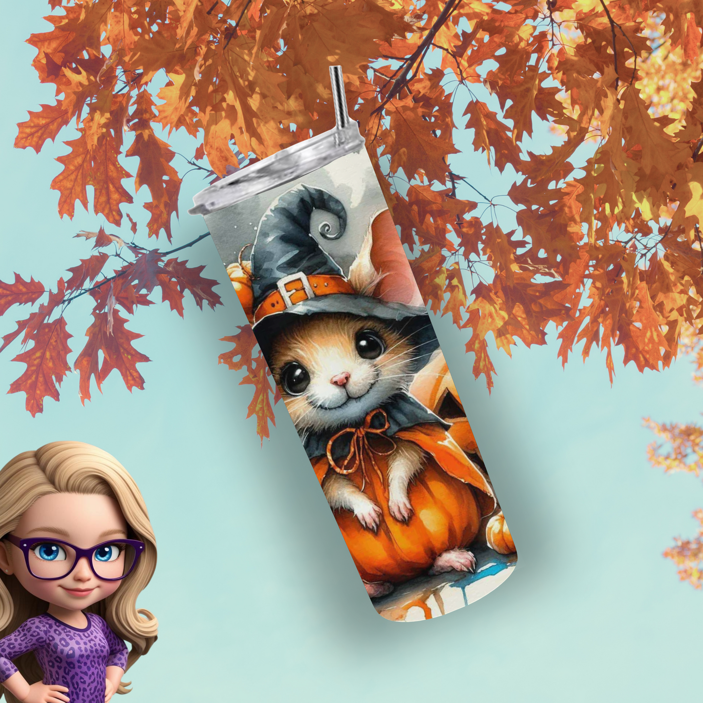 Adorable Halloween Mouse Tumbler – Insulated 20oz Skinny Cup with Pumpkin & Bat Motifs