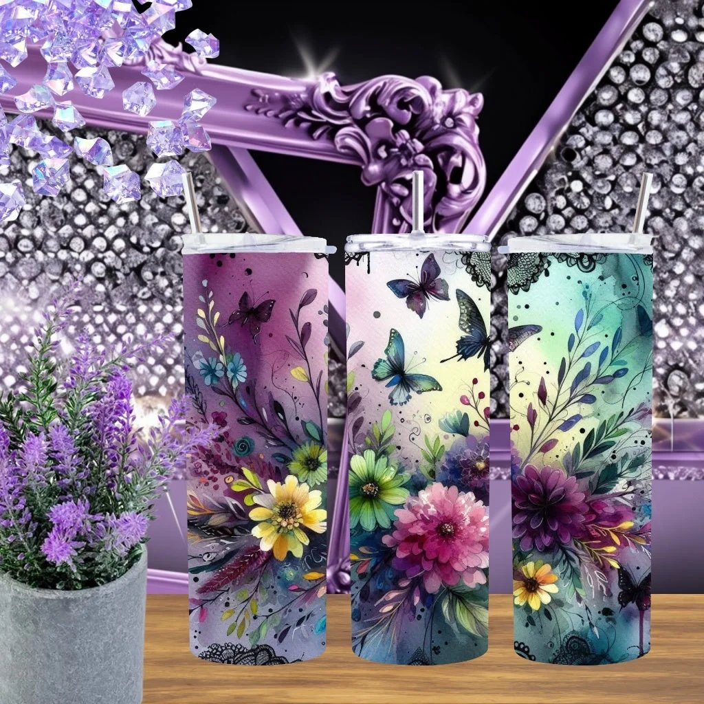 Floral Garden 20oz Tumbler • Aesthetic Purple & Teal Stainless Steel Cup • Whimsical Butterfly Gift for Her • Handmade Botanical Lace Drinkware by Marie Gems