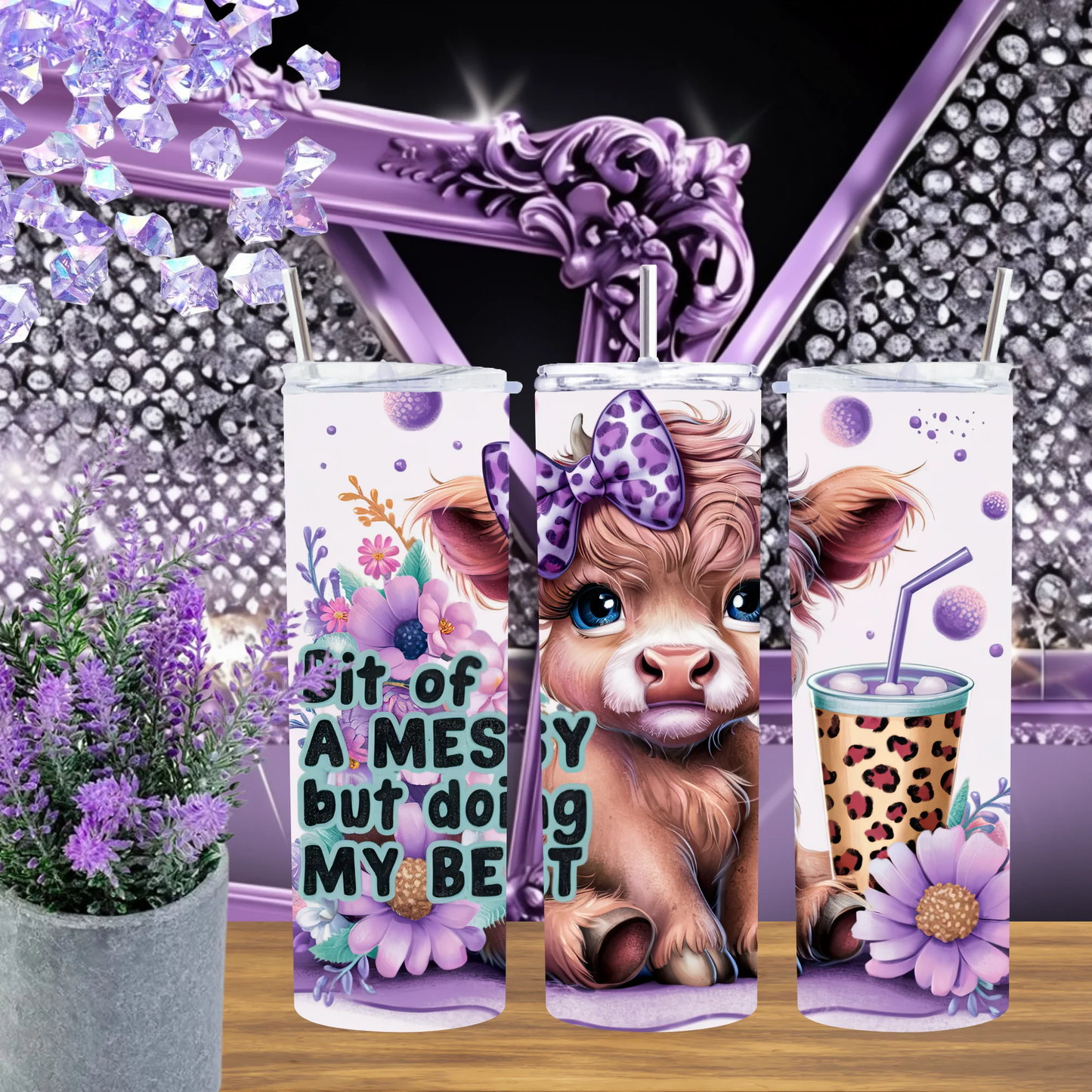 Messy Hair Doing My Best Highland Cow Tumbler 20 Oz and 30 Oz Stainless Steel Travel Cup for Moms and Teachers by Marie Gems