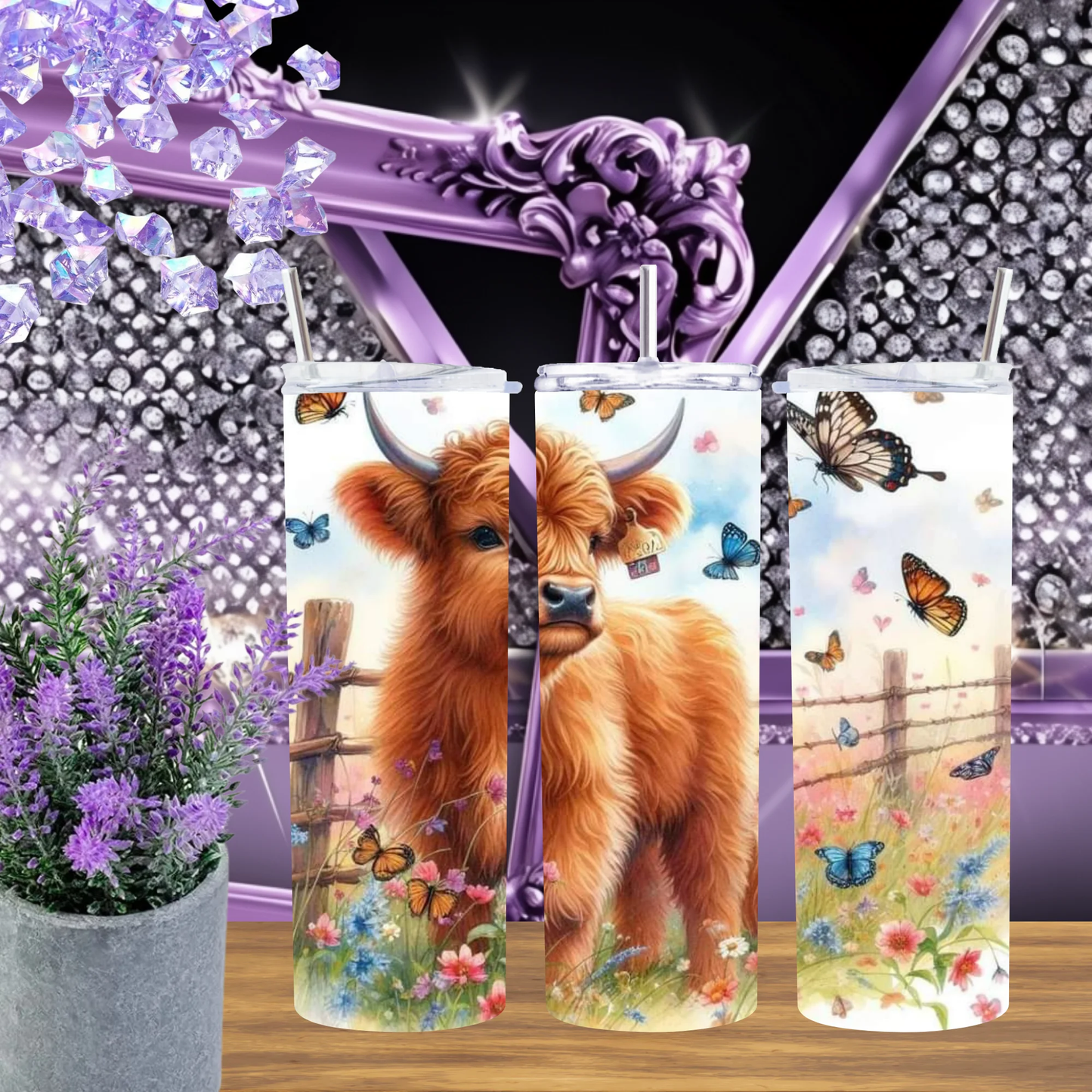 Watercolor Meadow Highland Cow Tumbler 20oz 30oz Stainless Steel Insulated Travel Mug with Straw Gift for Her by Marie Gems