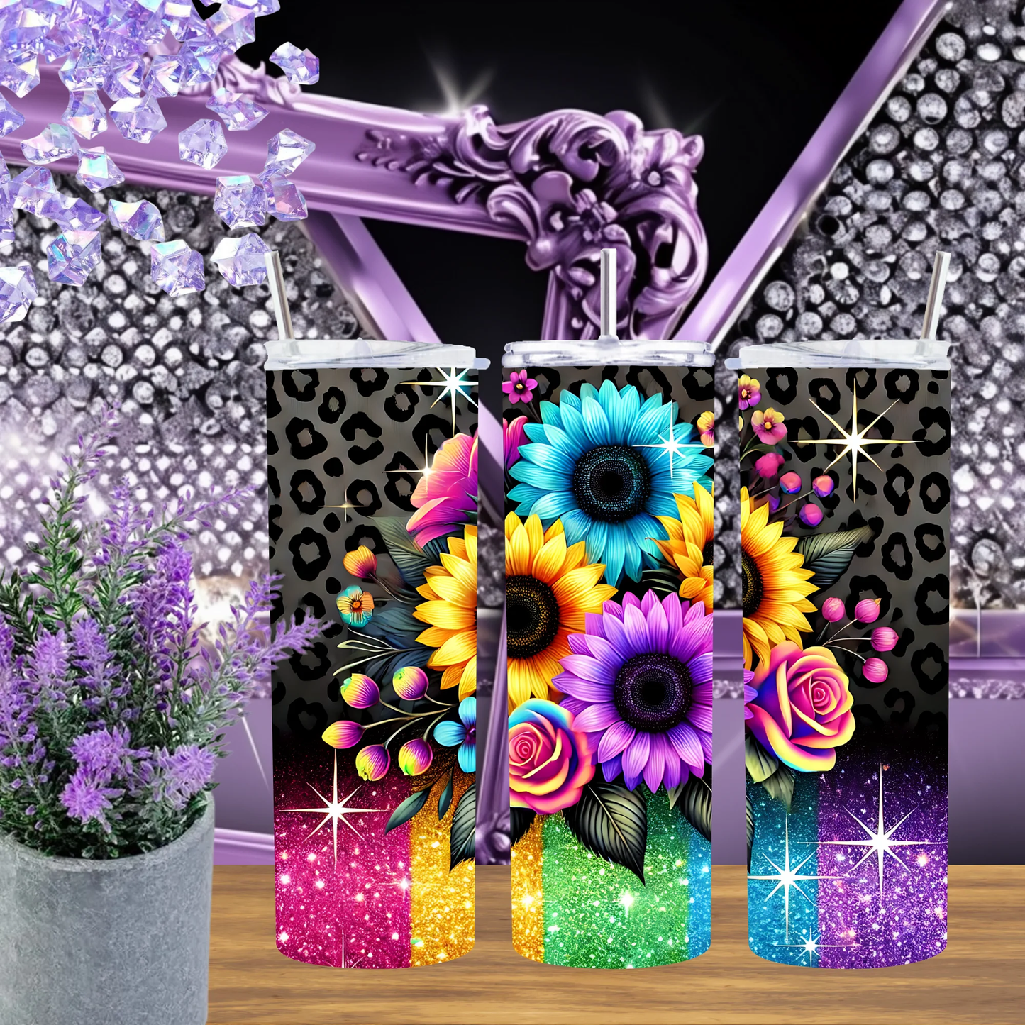 Neon Sunflower Leopard Print Tumbler 20oz Travel Mug Glitter Aesthetic Floral Animal Print Drinkware Gift For Her by Marie Gems